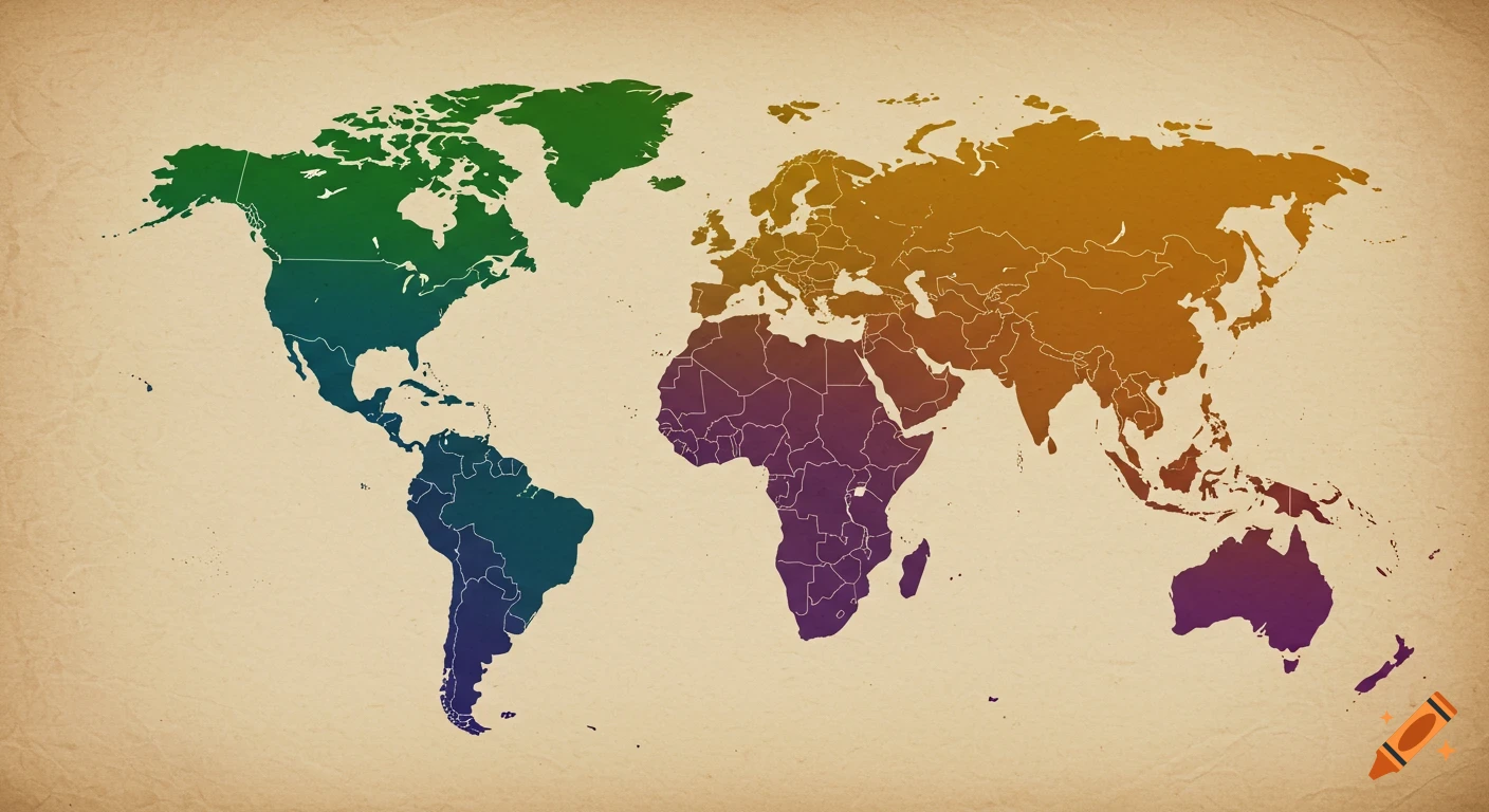 A vintage-style world map displaying continents in a vibrant color gradient on a textured beige paper background.