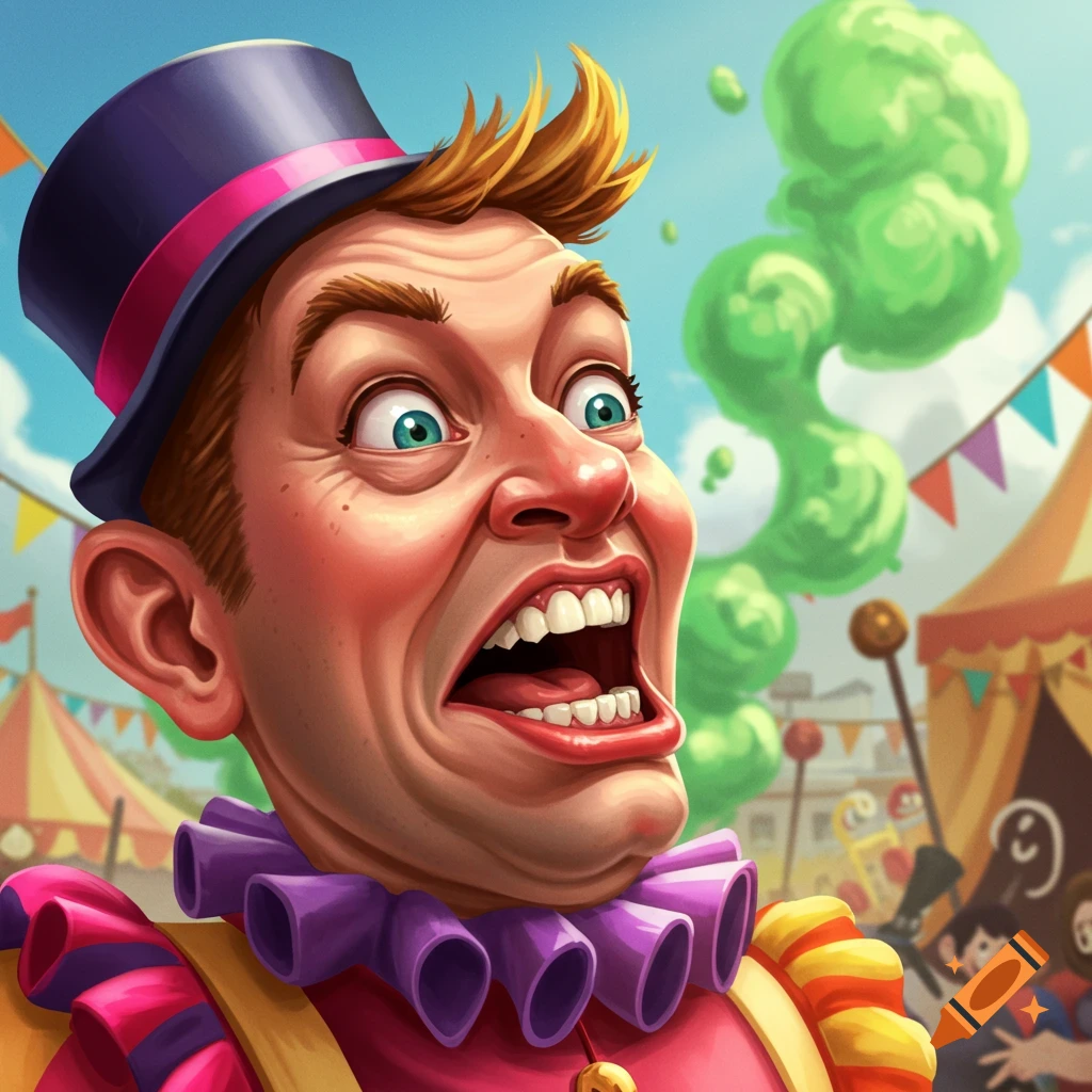 A cartoonish man with a distorted, gurning face, wearing a top hat and a ruffled collar, looks shocked at a carnival with green smoke.