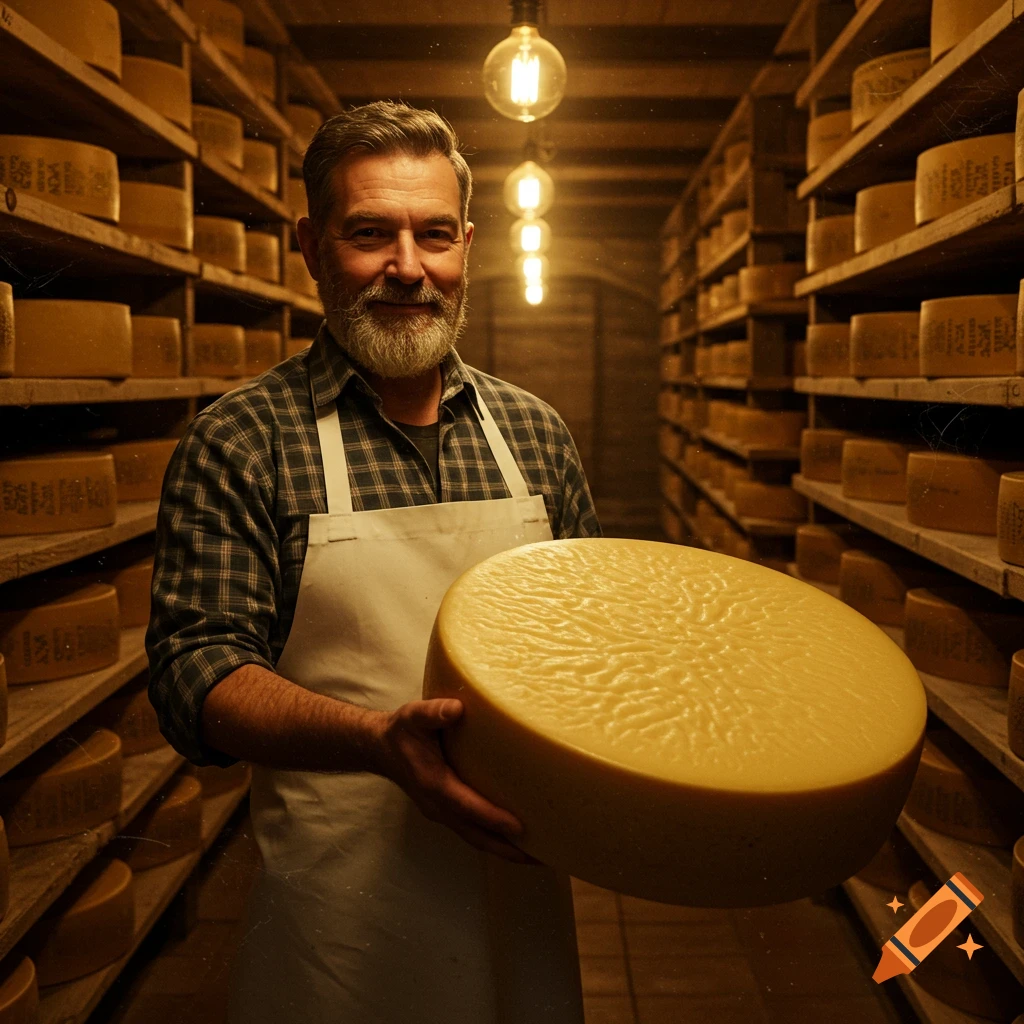 A smiling man with a beard and an apron holds a large round of cheese in a dimly lit cellar filled with shelves of cheese.