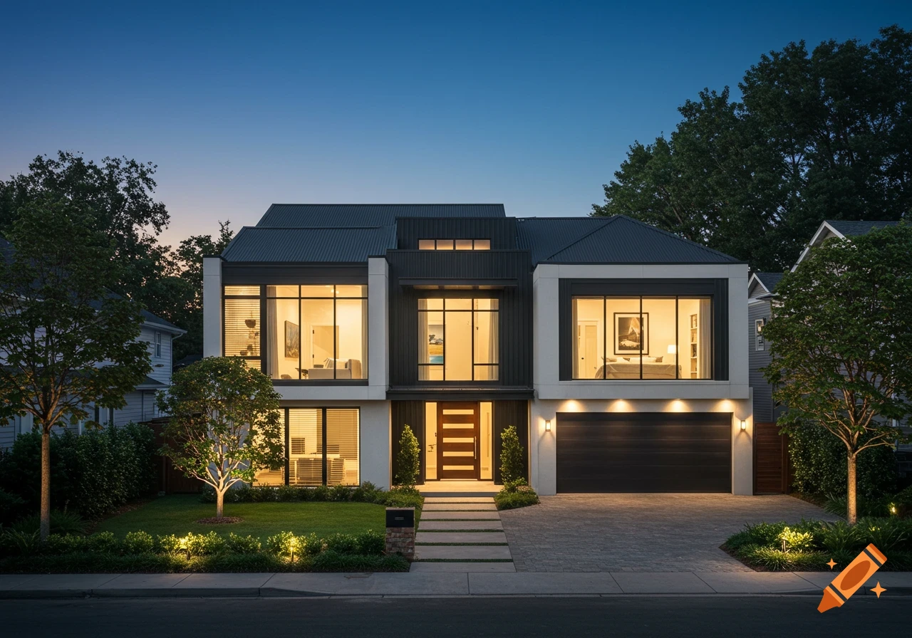 A modern two-story house with large windows and a dark roof, illuminated at dusk with warm landscape lighting.