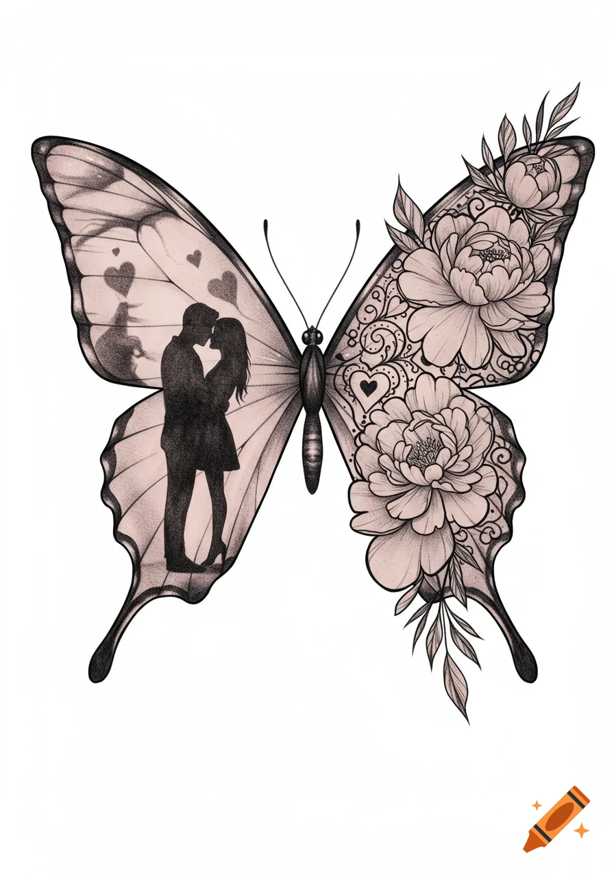 Tattoo drawing of a butterfly with a kissing couple silhouette in one wing and peonies with filigree hearts in the other.