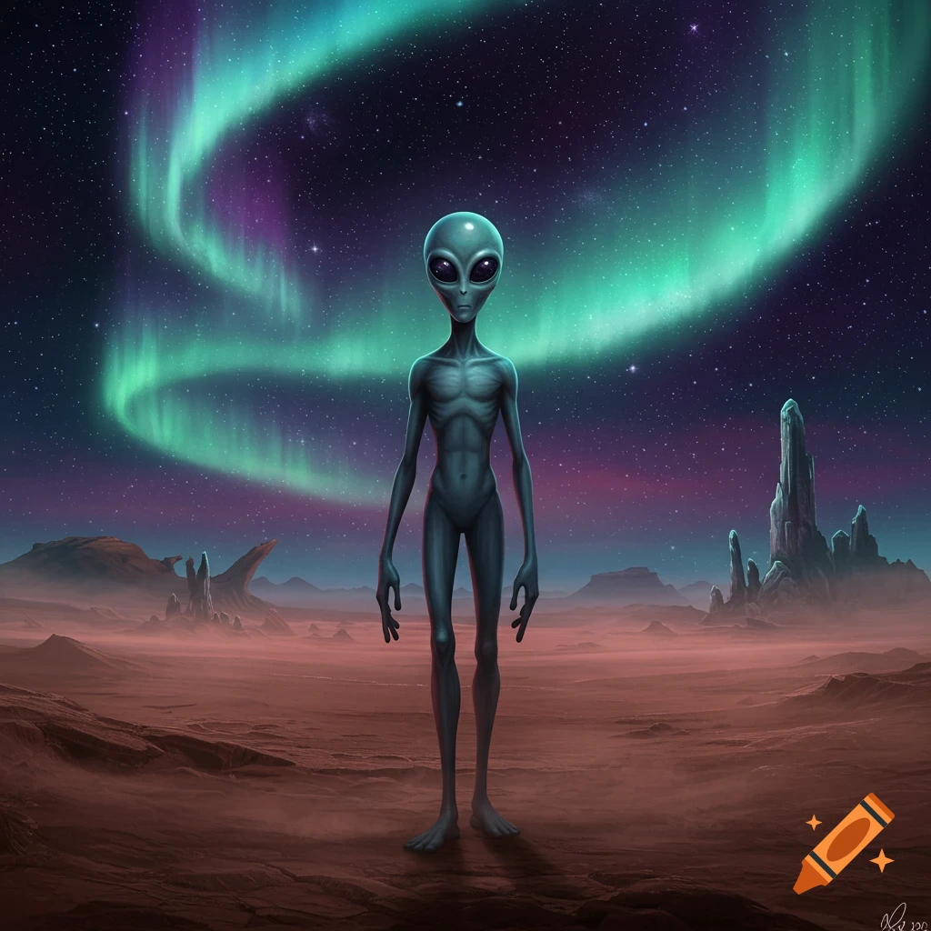 A tall grey alien with large dark eyes stands on a reddish alien planet under a vibrant green and purple aurora borealis and starry sky.