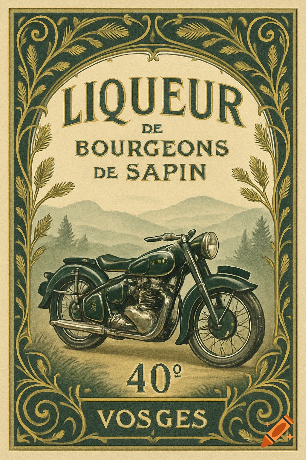 Vintage poster for "Liqueur de Bourgeons de Sapin" featuring a dark green classic motorcycle in front of mountains, framed by ornate green and gold foliage.