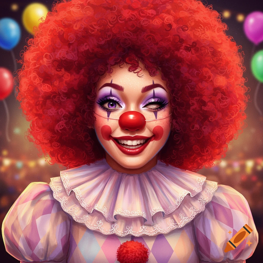 A joyful clown woman with a large red afro, red nose, purple eye makeup, and a ruffled harlequin-patterned costume, winks at the viewer.