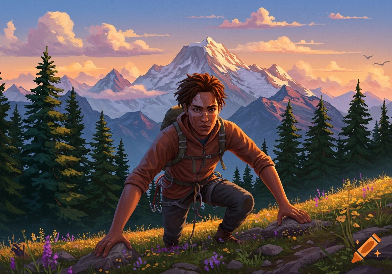 A determined person climbs a mountain slope at sunset, with pine trees and snow-capped peaks in the background, in a vibrant digital art style.