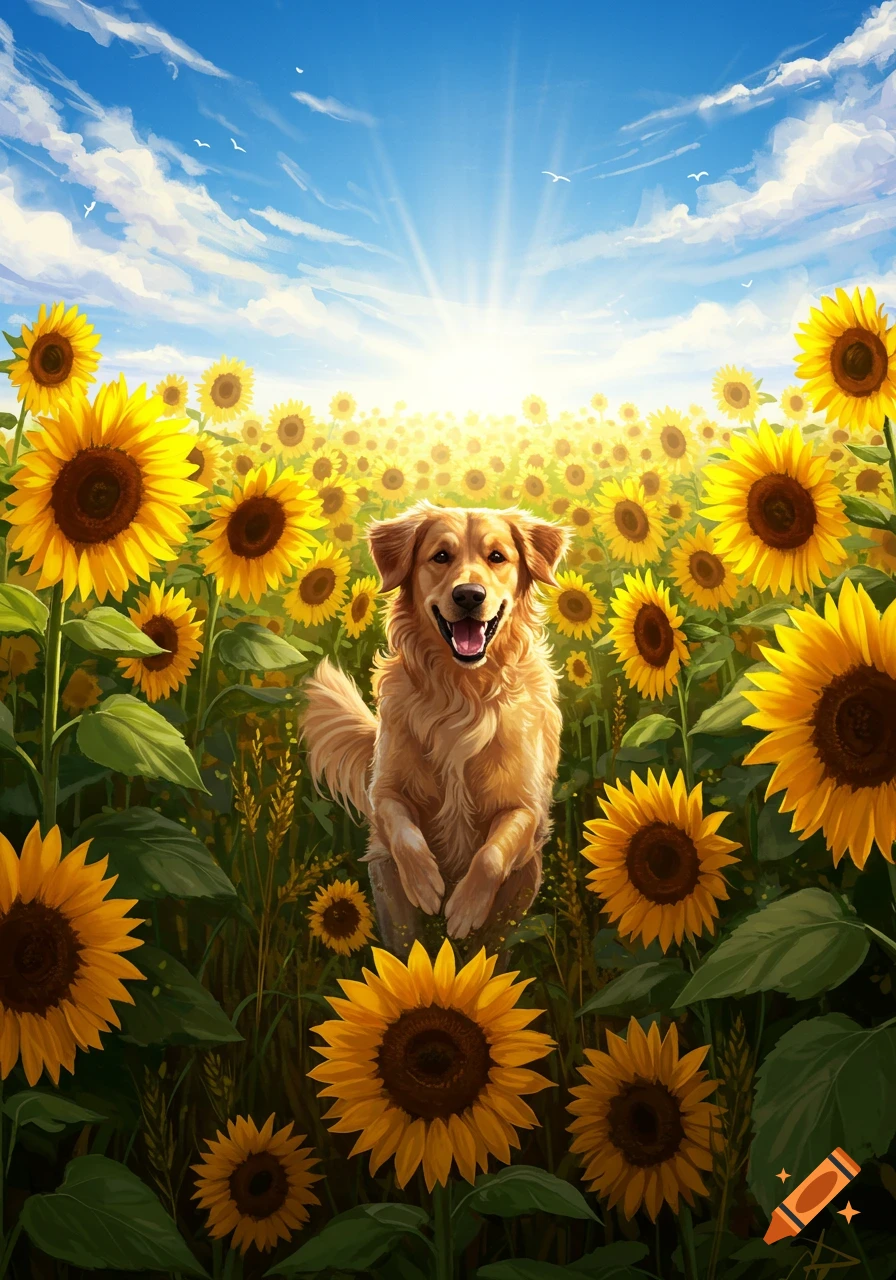 A happy golden retriever dog with its tongue out runs through a vibrant field of yellow sunflowers under a bright blue sky.