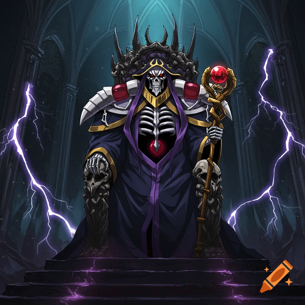 Anime style illustration of a skeletal king on a dark, spiky throne, holding a staff and surrounded by purple lightning.