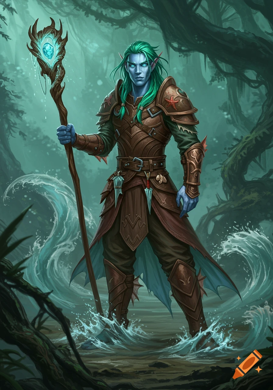 Blue-skinned sea elf druid with green hair and glowing eyes stands in a swampy forest, holding a glowing staff, wearing leather armor.