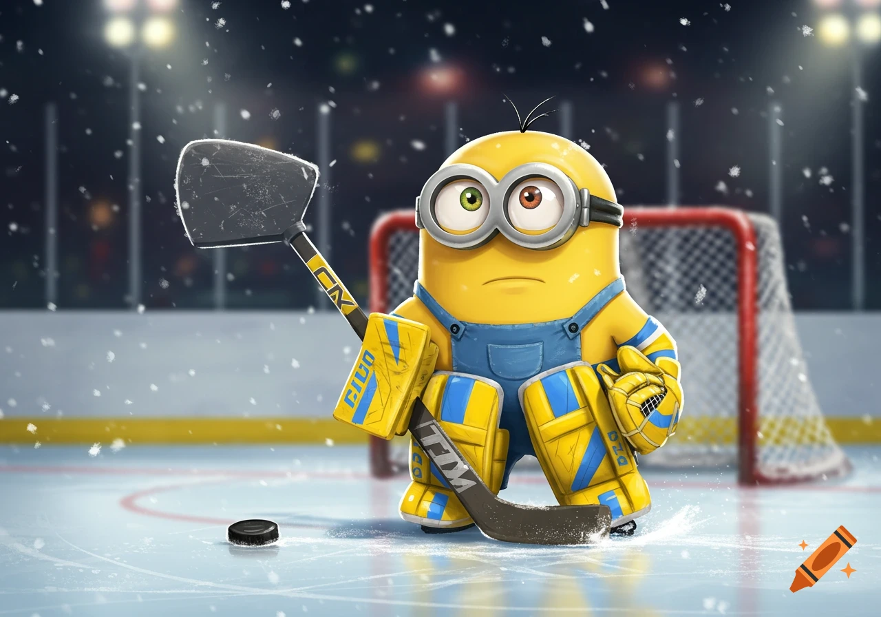 A yellow Minion character dressed in full hockey goalie gear, holding a stick on an ice rink with a puck and a goal net, as snow falls.