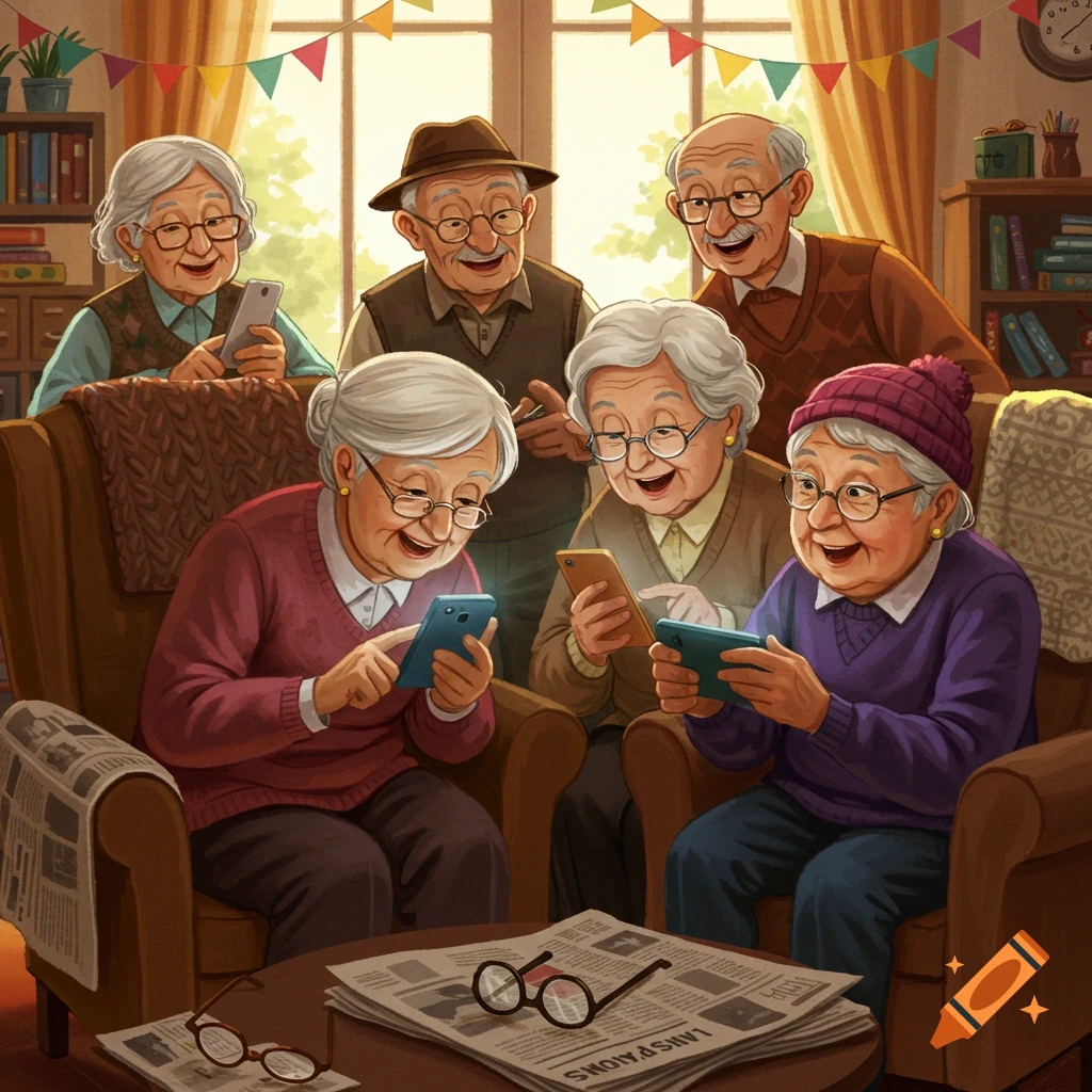 A group of smiling elderly people in a warm living room, engrossed in using their smartphones. Cartoon style.