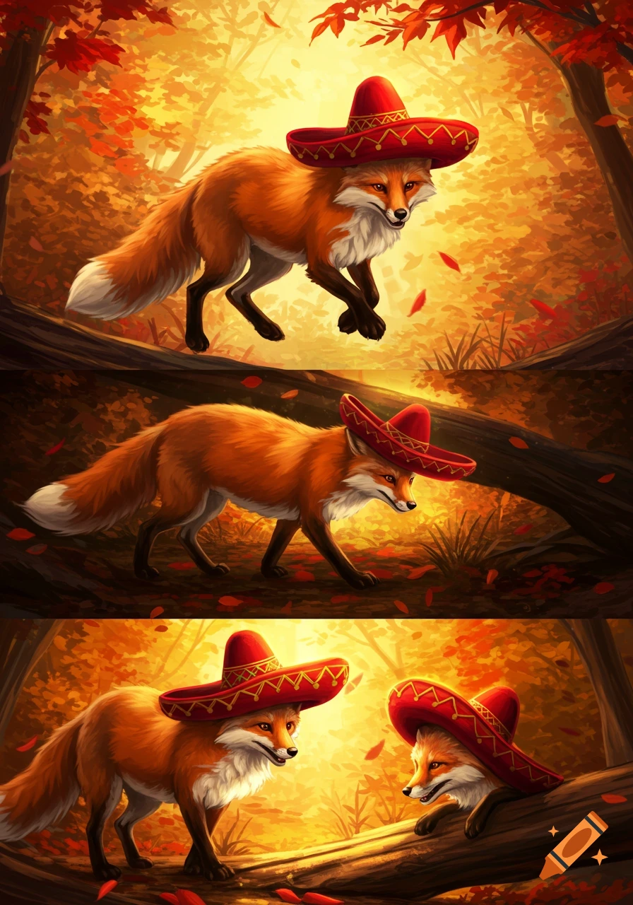 A three-panel illustration of a stylized red fox wearing a sombrero in an autumn forest, with falling orange leaves.