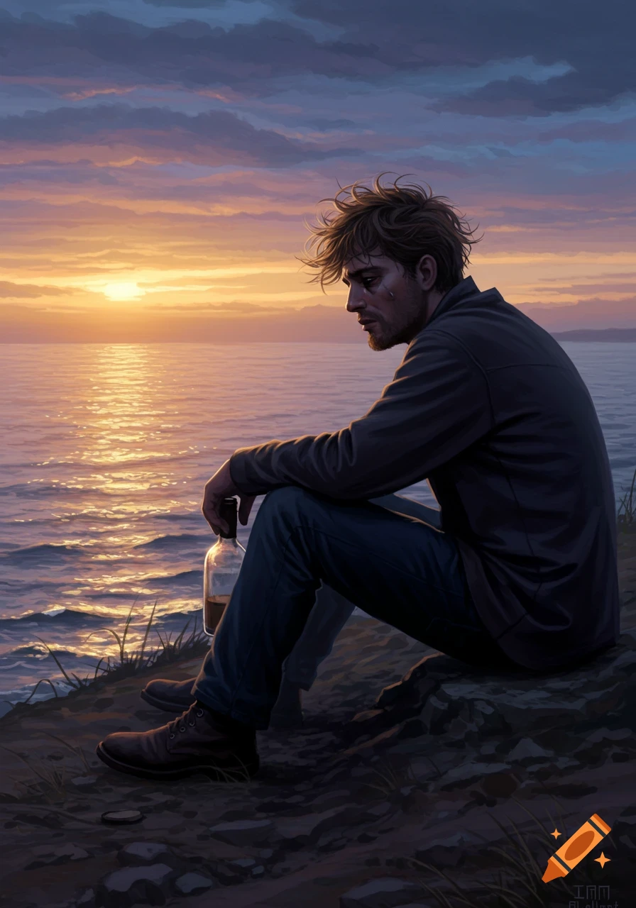 Illustration of a sad man with messy hair holding a bottle, sitting on a cliff overlooking a vibrant ocean sunset.