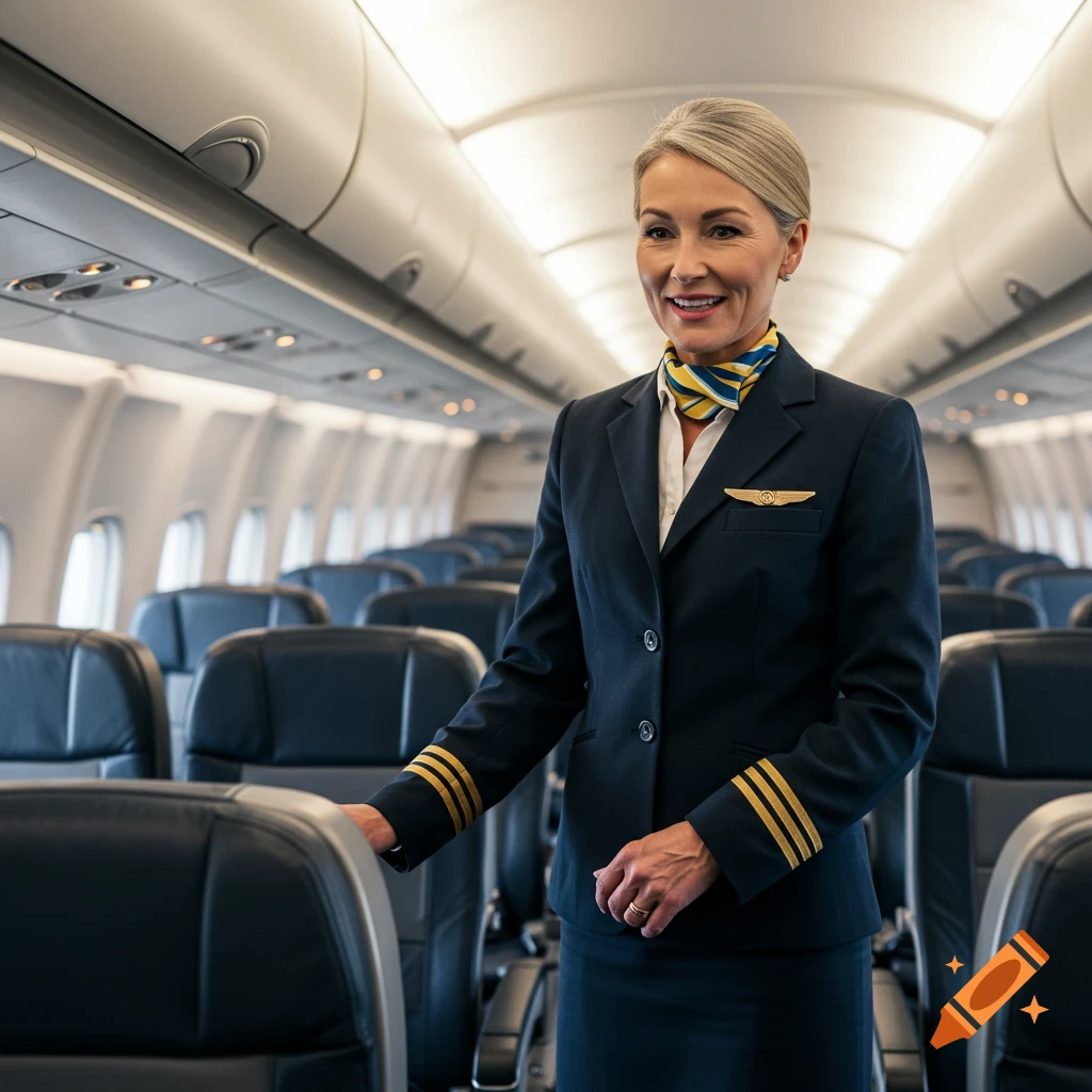 A smiling mature female flight attendant in a dark blue uniform stands in an airplane aisle.