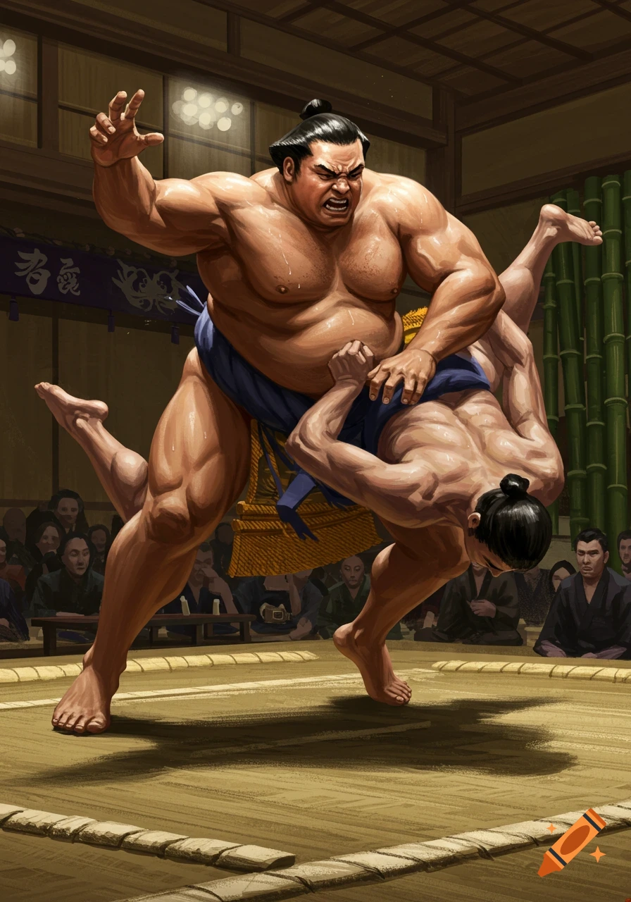 Illustrative depiction of a large sumo wrestler body slamming a smaller opponent in a ring, with spectators watching.