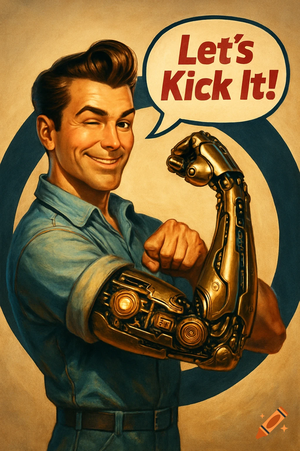 Retro poster of a winking man with a bionic arm flexing, with a speech bubble that says 'Let's Kick It!'