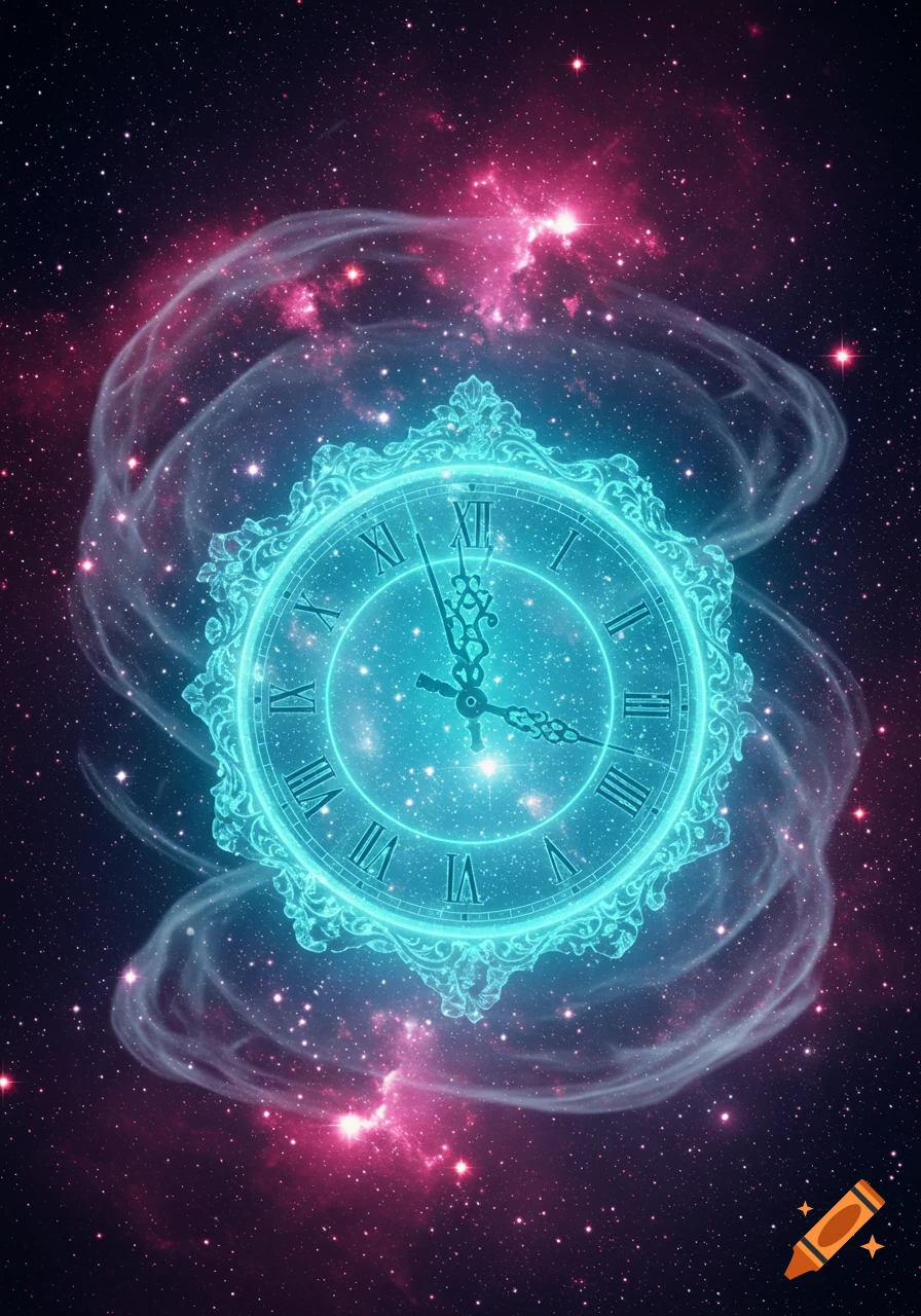 An ornate, glowing blue clock with Roman numerals floats amidst a vibrant pink and purple nebula filled with stars.