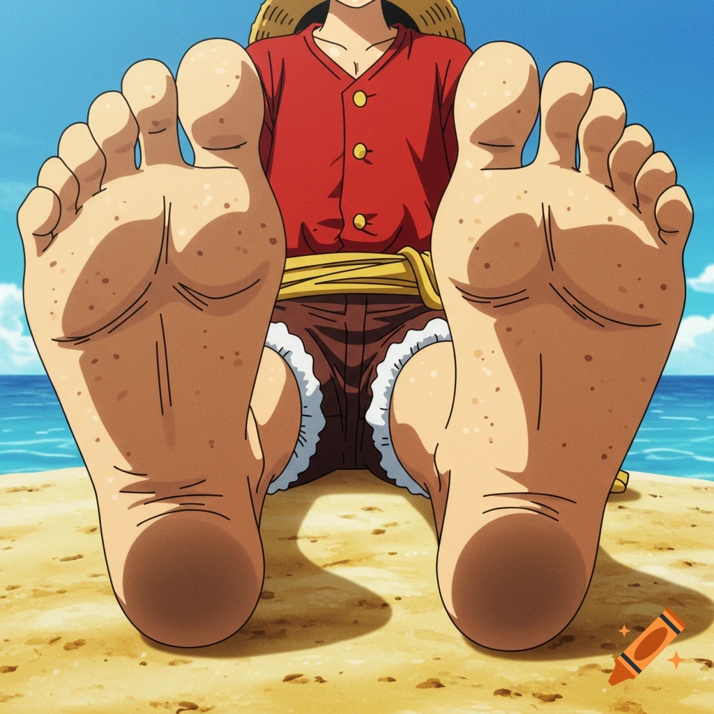 Anime close-up of Monkey D. Luffy's bare feet soles on a sandy beach.