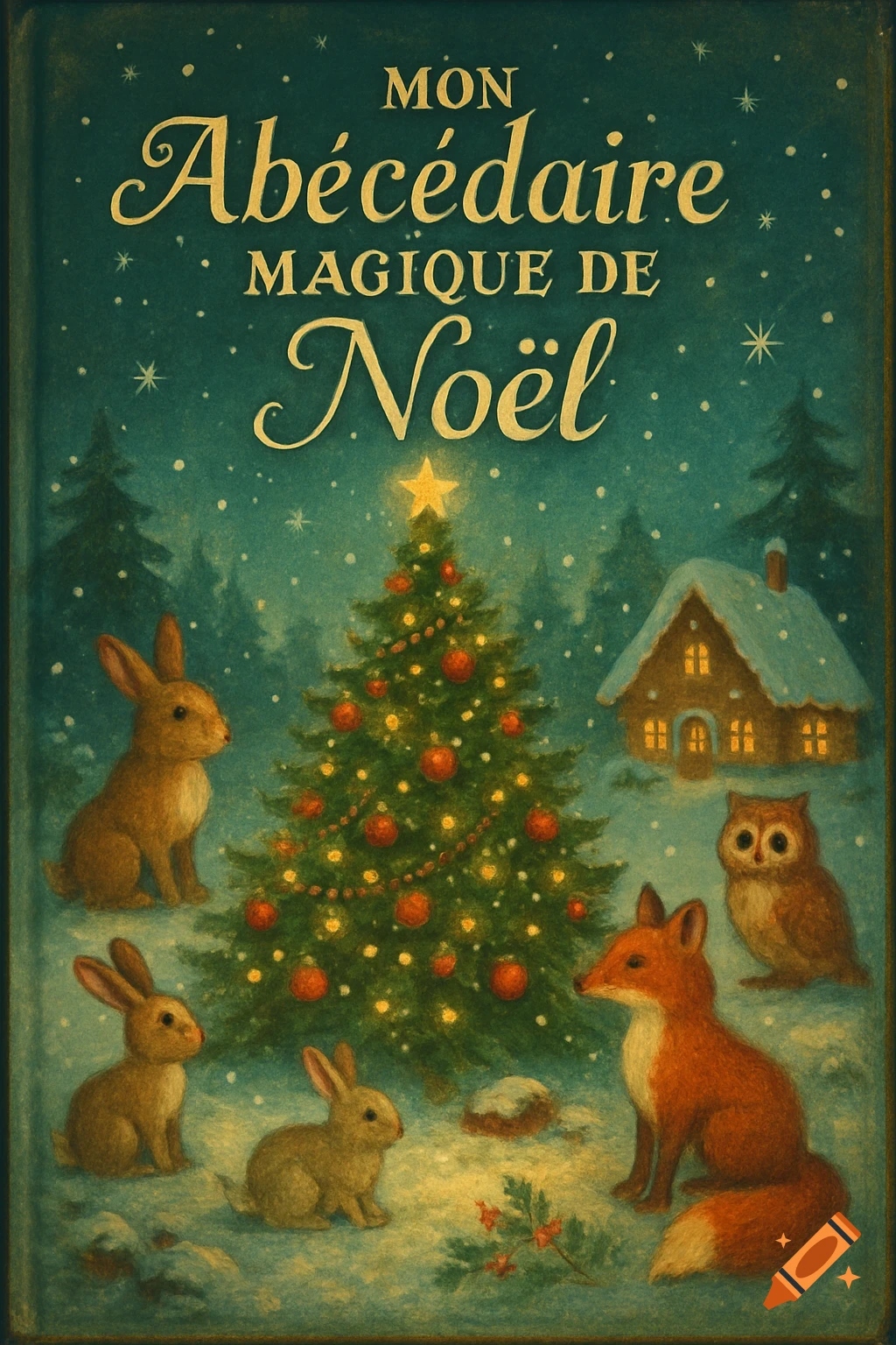 A vintage-style illustration of a snowy forest with a decorated Christmas tree, rabbits, a fox, an owl, and a cabin, titled 'MON Ab écédaire MAGIQUE DE No ël'.