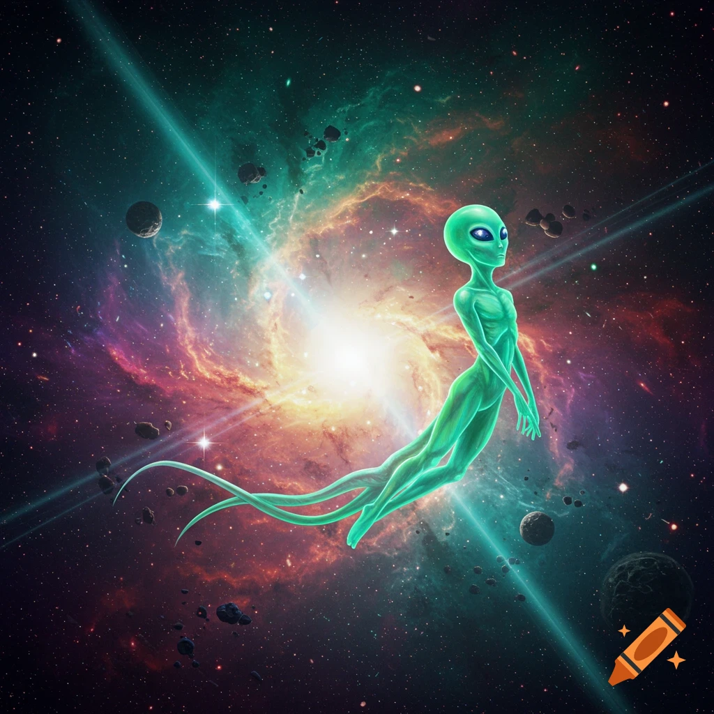 A glowing green alien with large eyes floats amidst a vibrant spiral galaxy, asteroids, and distant planets in a sci-fi art style.