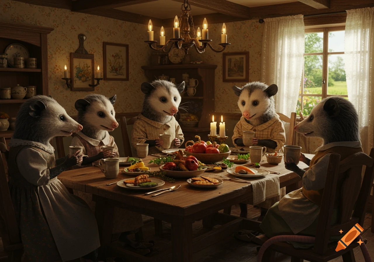 Photorealistic anthropomorphic opossums in period attire share a candlelit dinner in a charming cottage with a garden view.