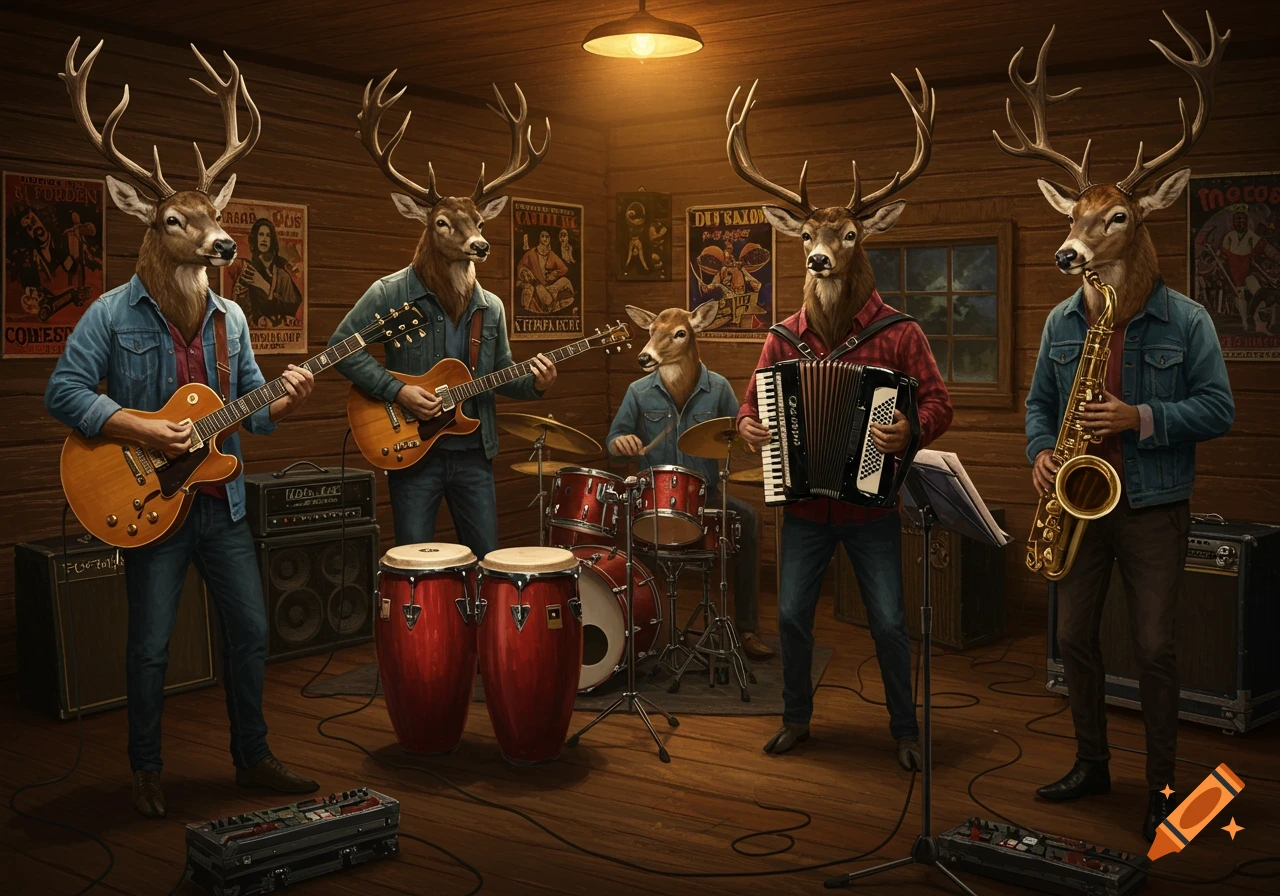 An anthropomorphic deer band performs in a rustic practice room, with two deer playing guitars, one on drums, one on accordion, one on saxophone, and a pair of congas in the foreground.