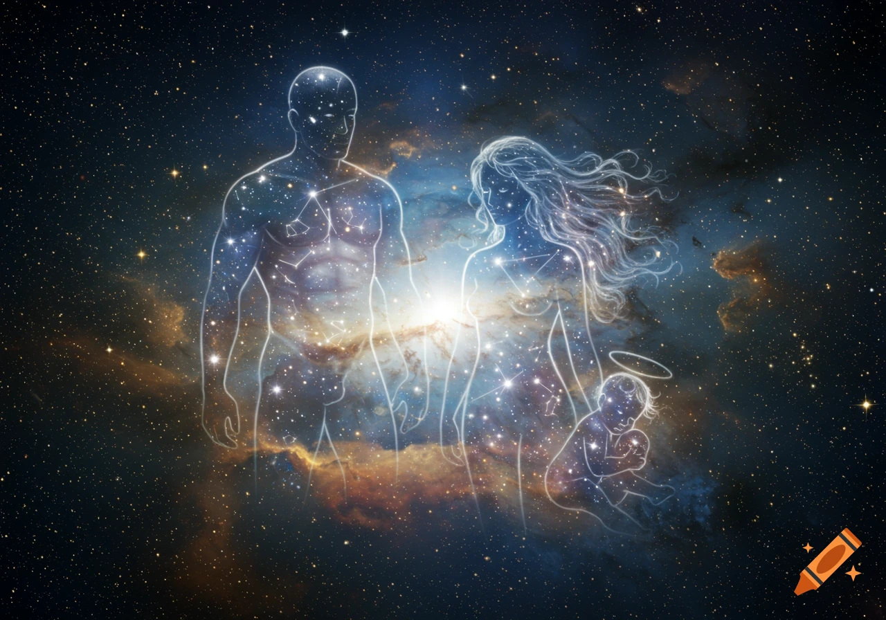 Ethereal cosmic illustration of a male, female, and infant silhouette, filled with stars and constellations against a vibrant nebula.
