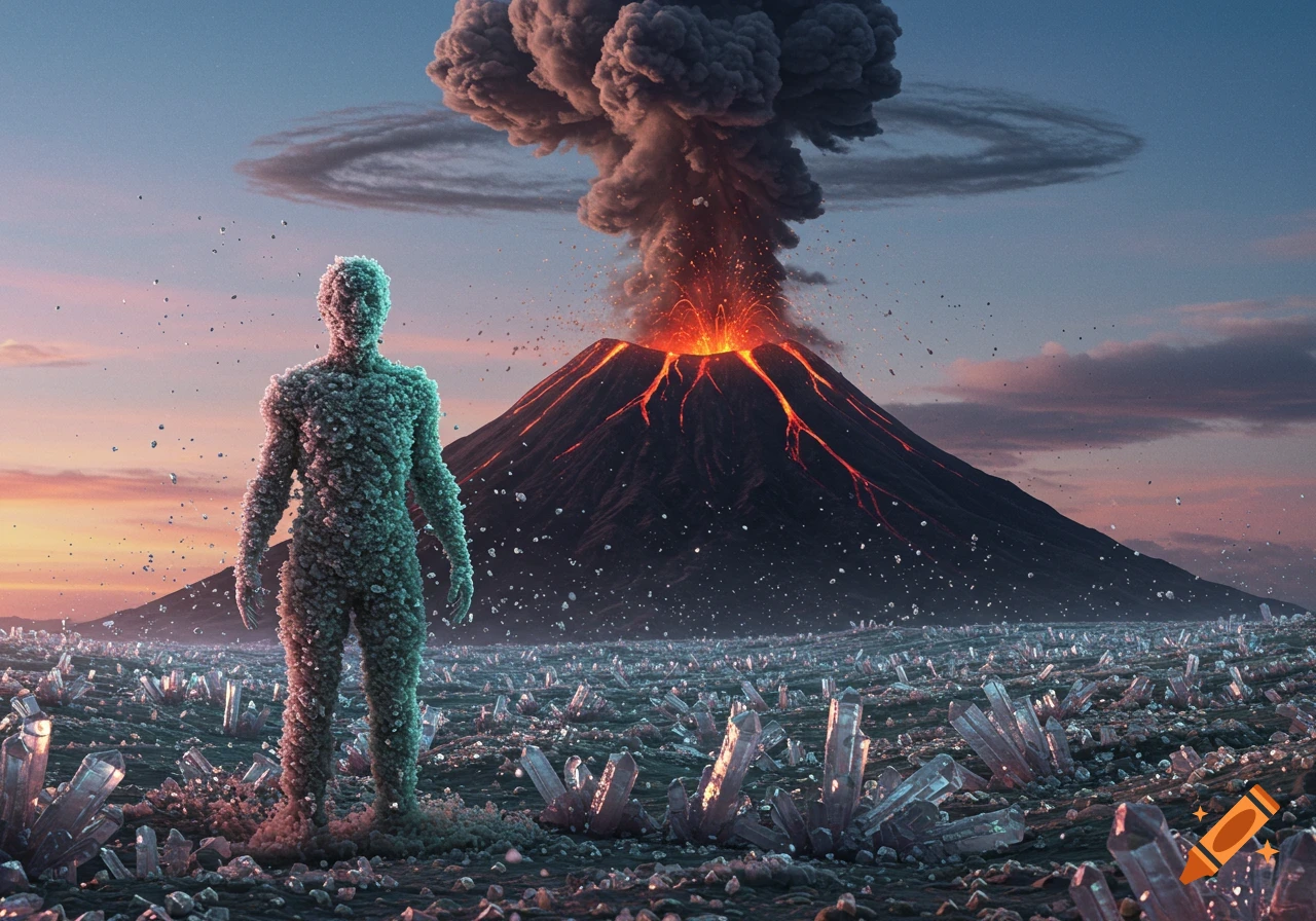 A humanoid figure made of rock stands in a field of large crystals, facing a violently erupting volcano at sunset.