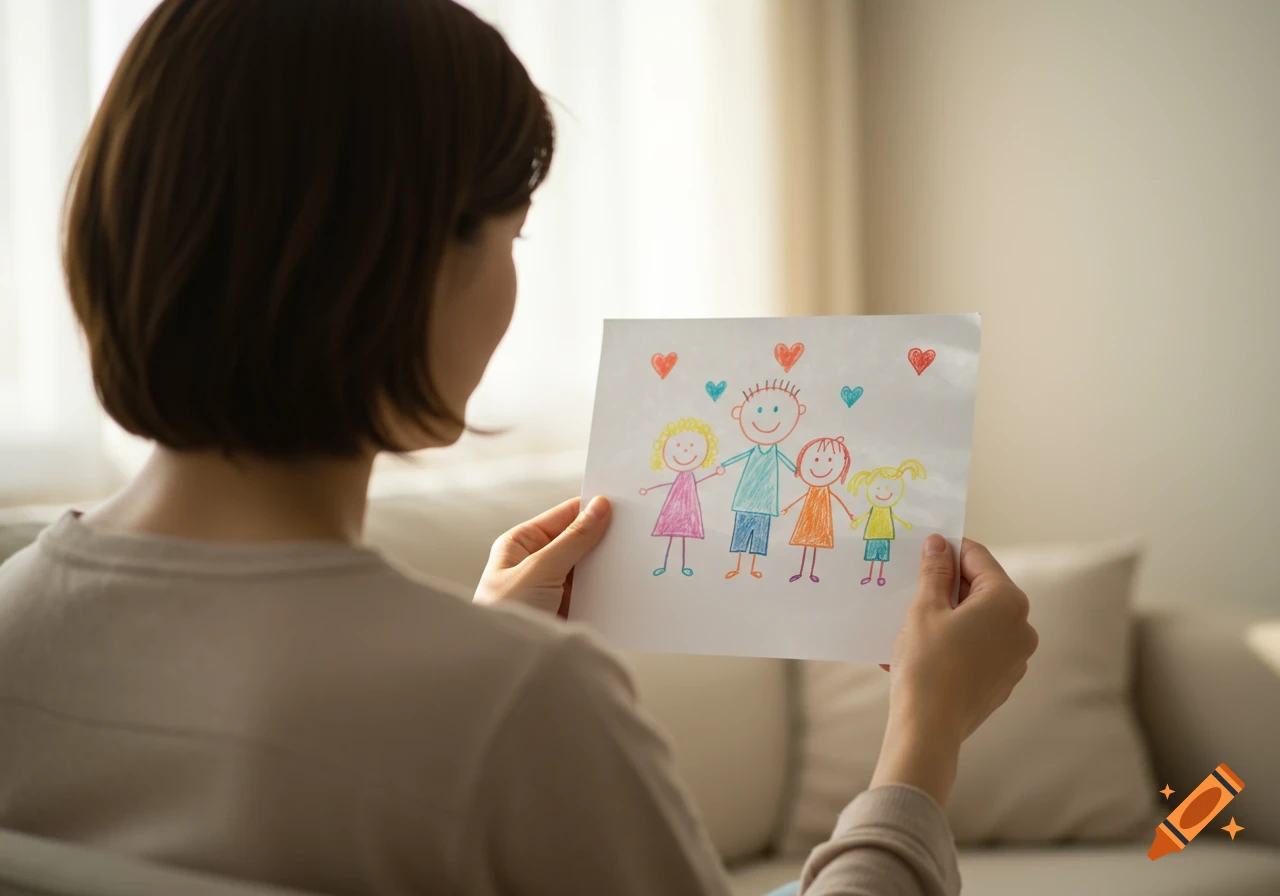 Woman viewed from behind, holding up a child's colorful crayon drawing of a smiling stick-figure family with hearts.