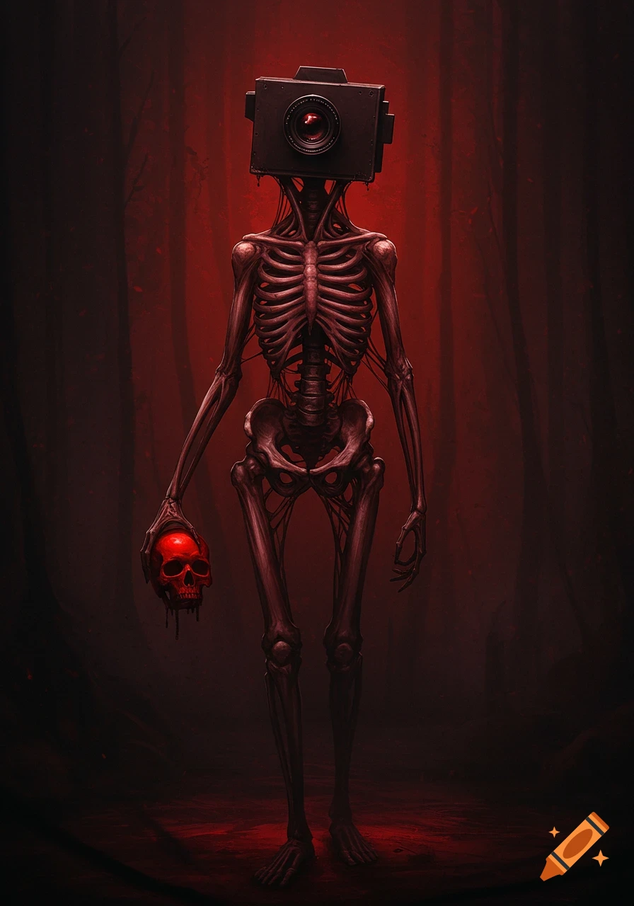 A skeletal creature with a camera head holds a glowing red skull in a dark, blood-red eerie scene, horror art style.