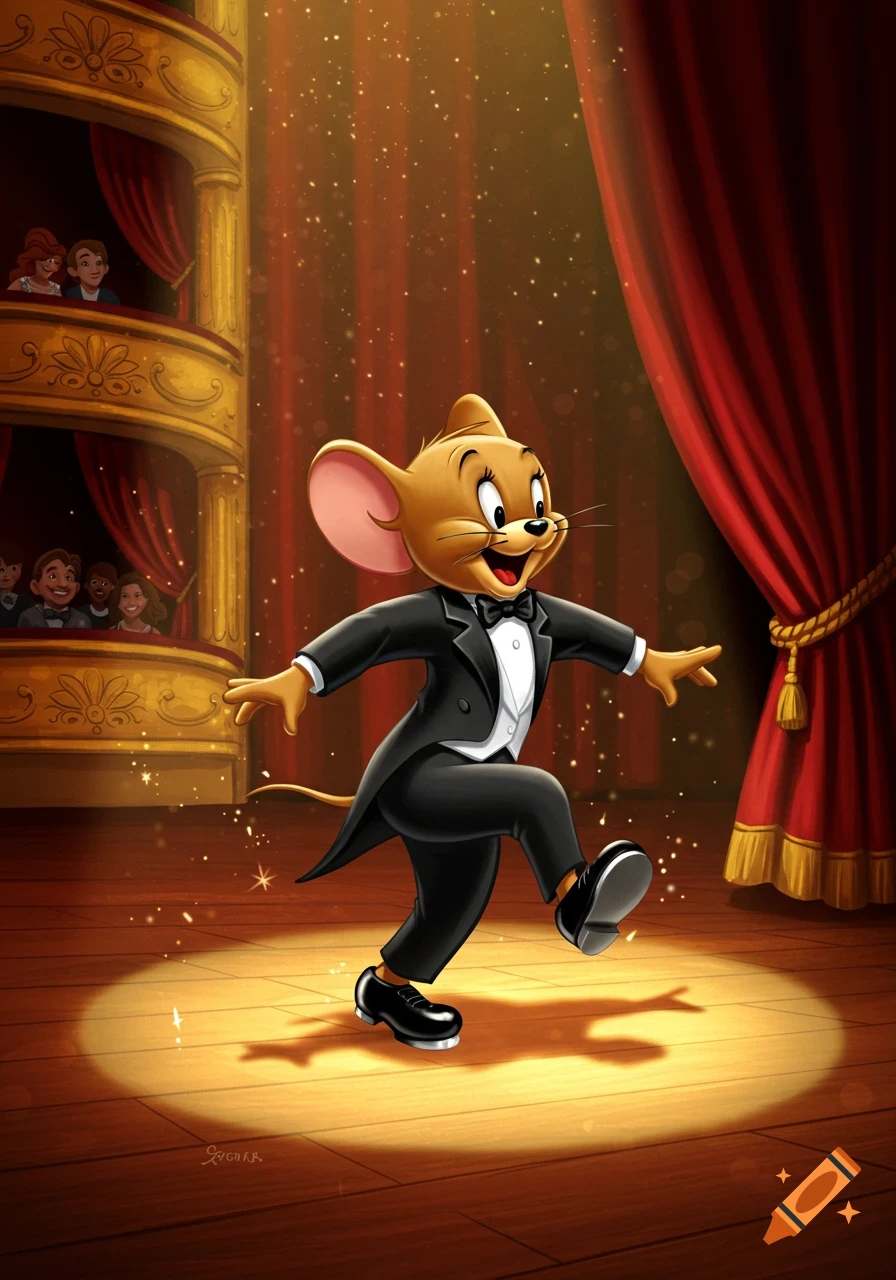 Jerry Mouse in a tuxedo tap dancing on a spotlighted stage with red curtains and an audience.
