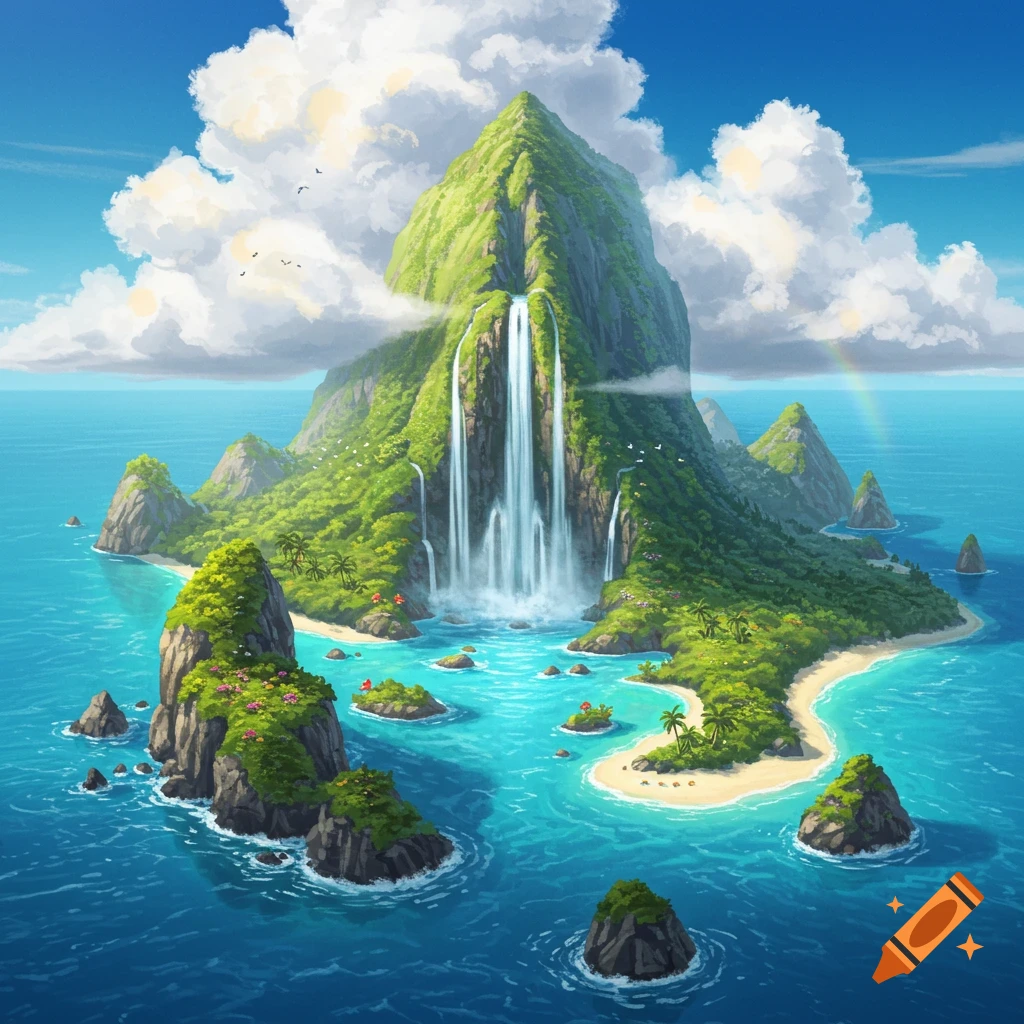 Vibrant, lush tropical island with a tall mountain, multiple waterfalls, sandy beaches, and smaller islands in turquoise ocean under a blue sky with clouds and a rainbow.