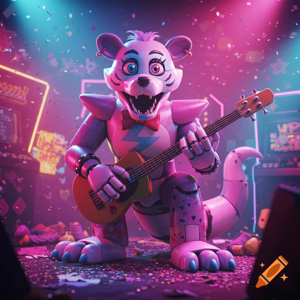 A white opossum-like animatronic with pink and blue accents plays a guitar in a neon-lit arcade with confetti falling.