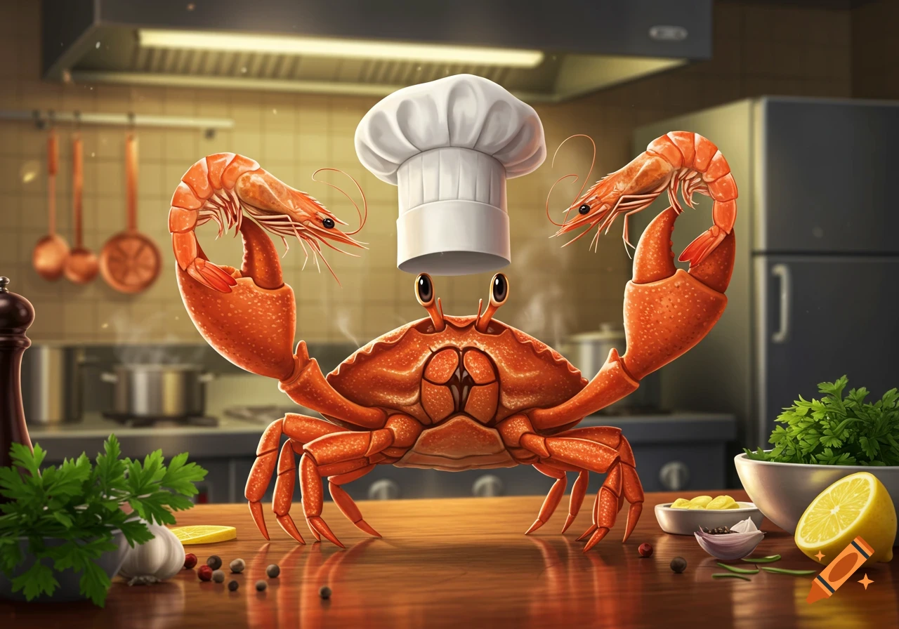 A cartoon crab chef wearing a white hat, holding a shrimp in each claw, standing on a wooden counter in a kitchen.