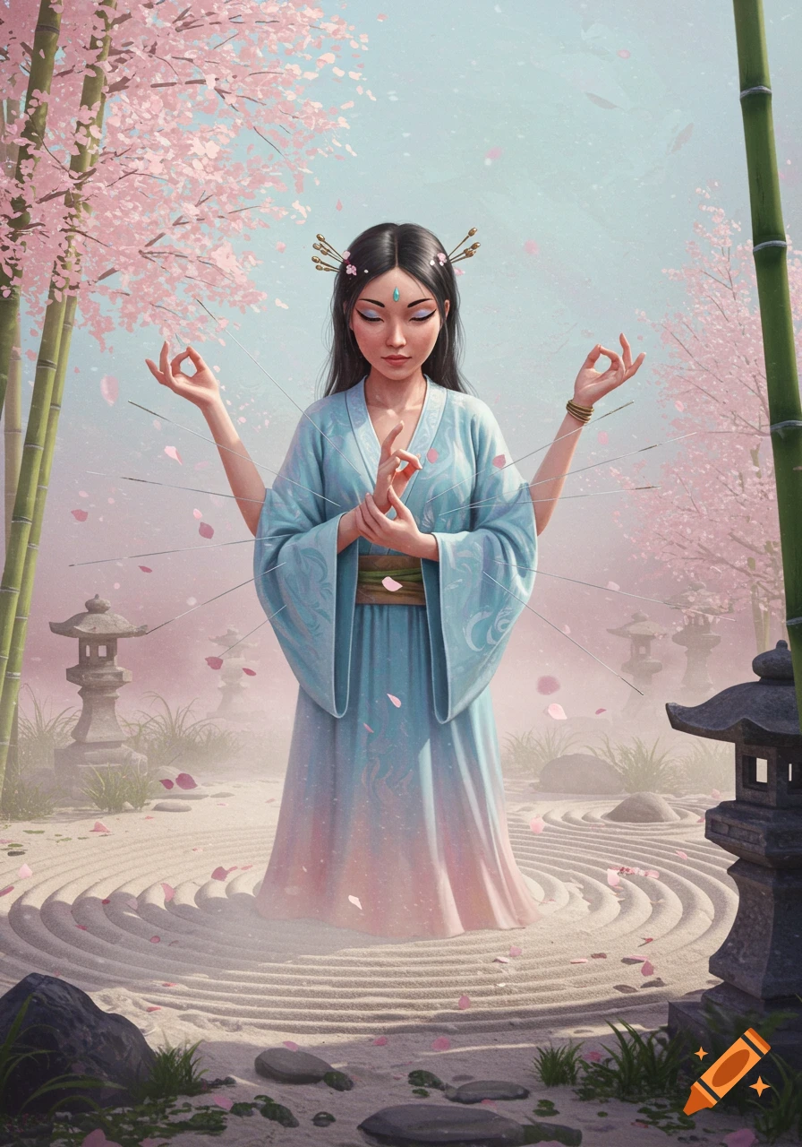 A fantasy illustration of a multi-armed Asian woman meditating in a zen garden with cherry blossoms and bamboo.