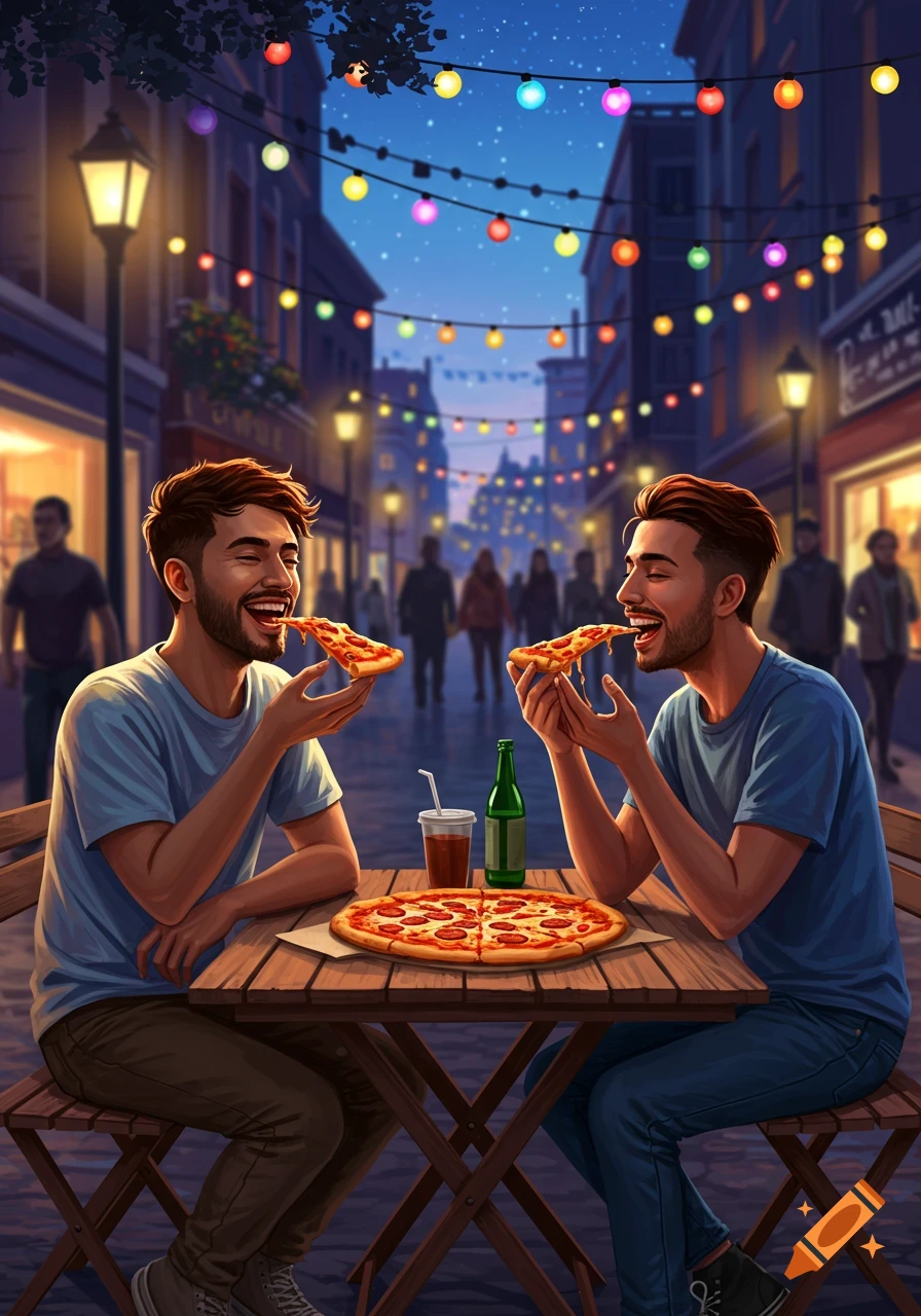 Two illustrated men happily eating pizza at an outdoor table on a lively, string-lit street at night.