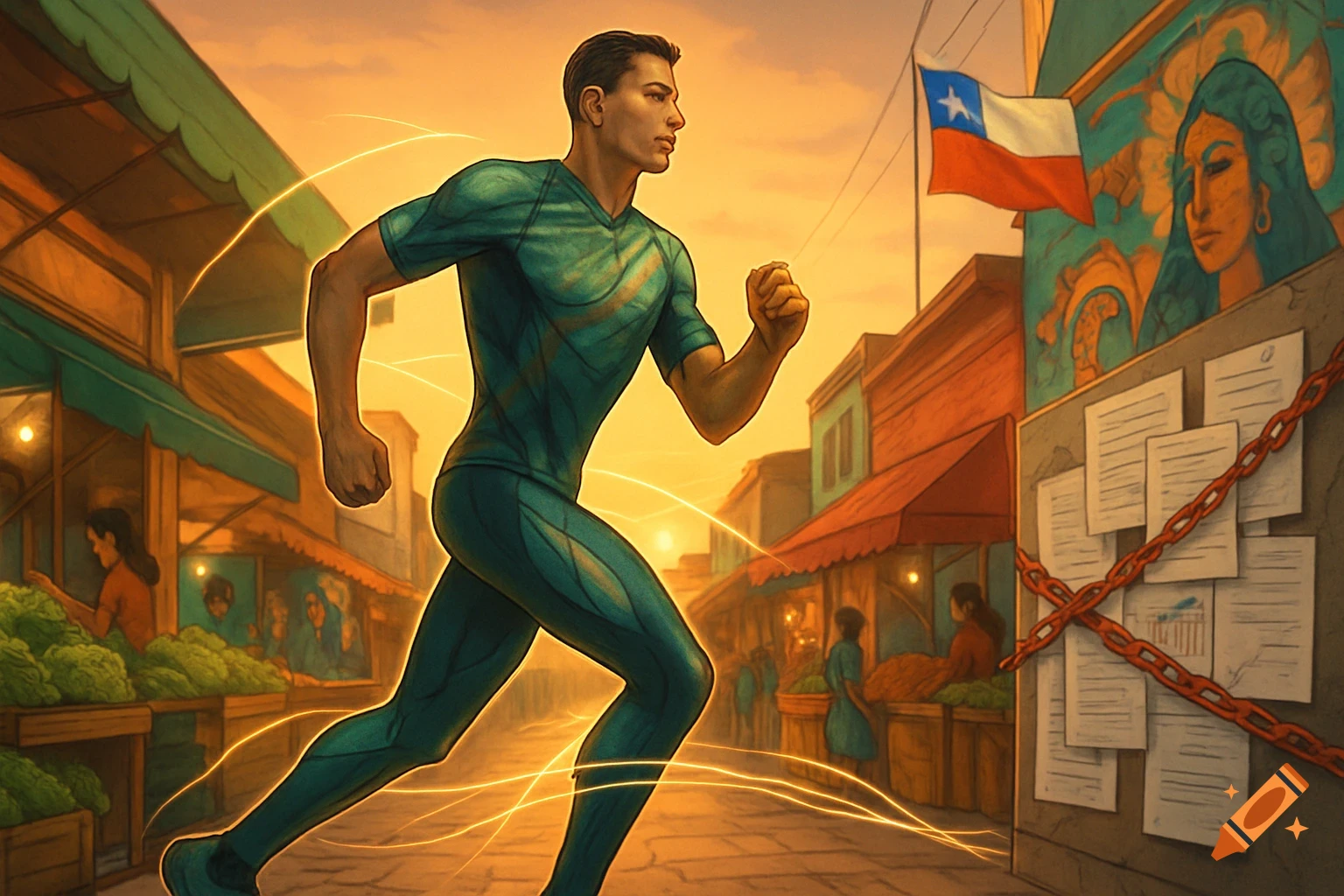 An illustrated man in green sportswear runs through a vibrant street market under a golden sky, with a Chilean flag and mural in the background.