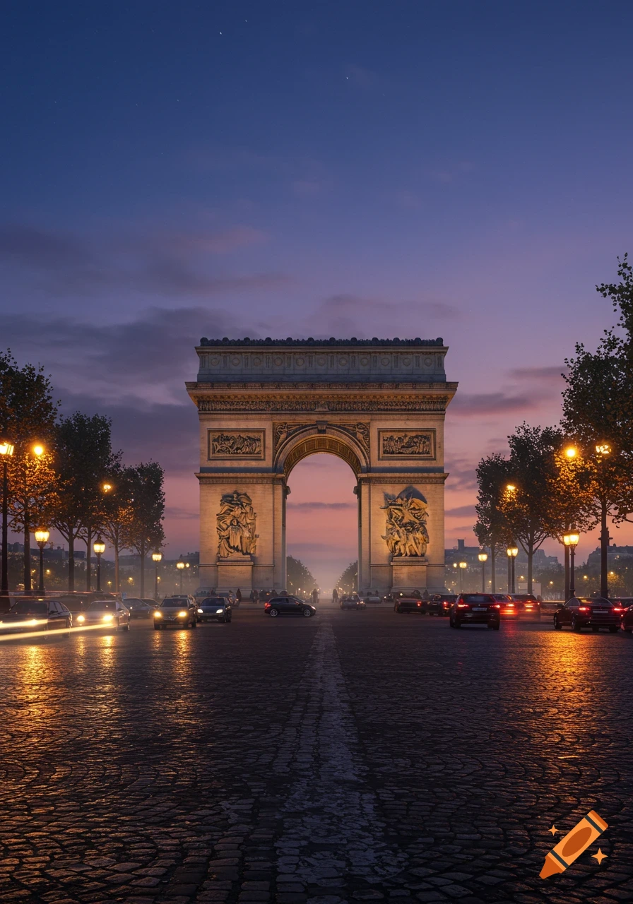 Photorealistic view of the Arc de Triomphe in Paris at twilight, with car light trails on a wet cobblestone street.