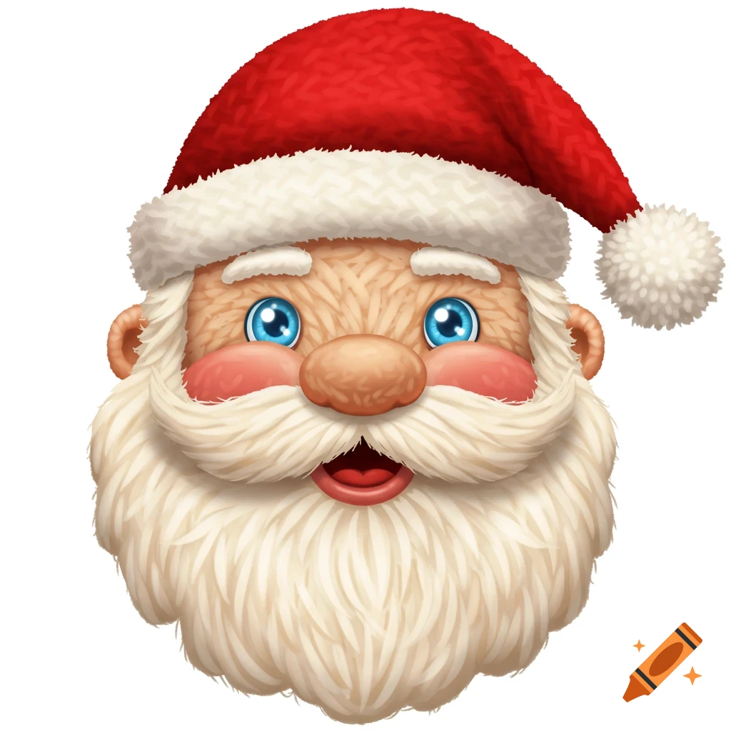 A cartoon Santa Claus head, smiling with blue eyes and a red hat, rendered with a yarn texture.