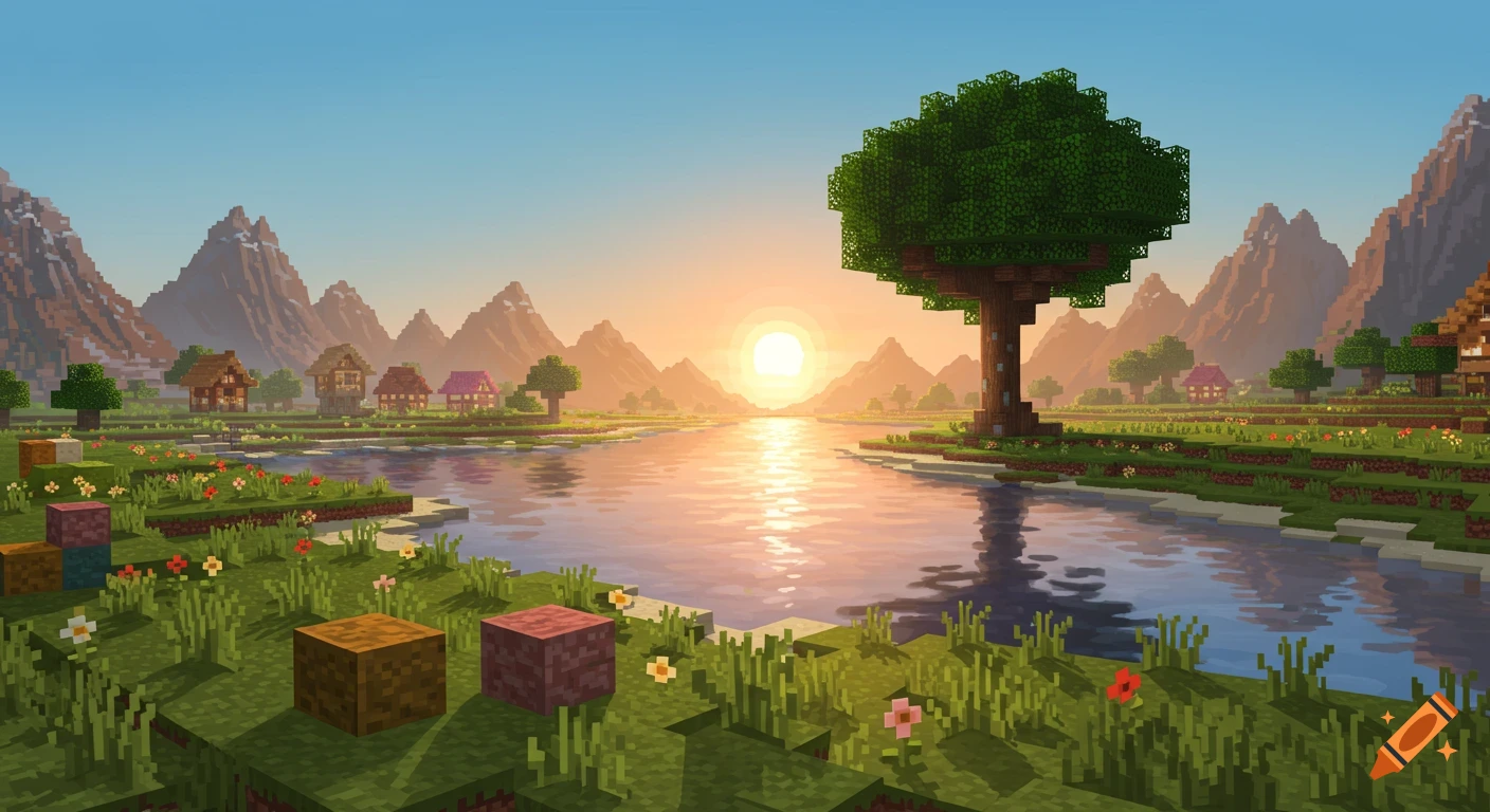 Vibrant pixel art Minecraft landscape at sunset with a river, mountains ...
