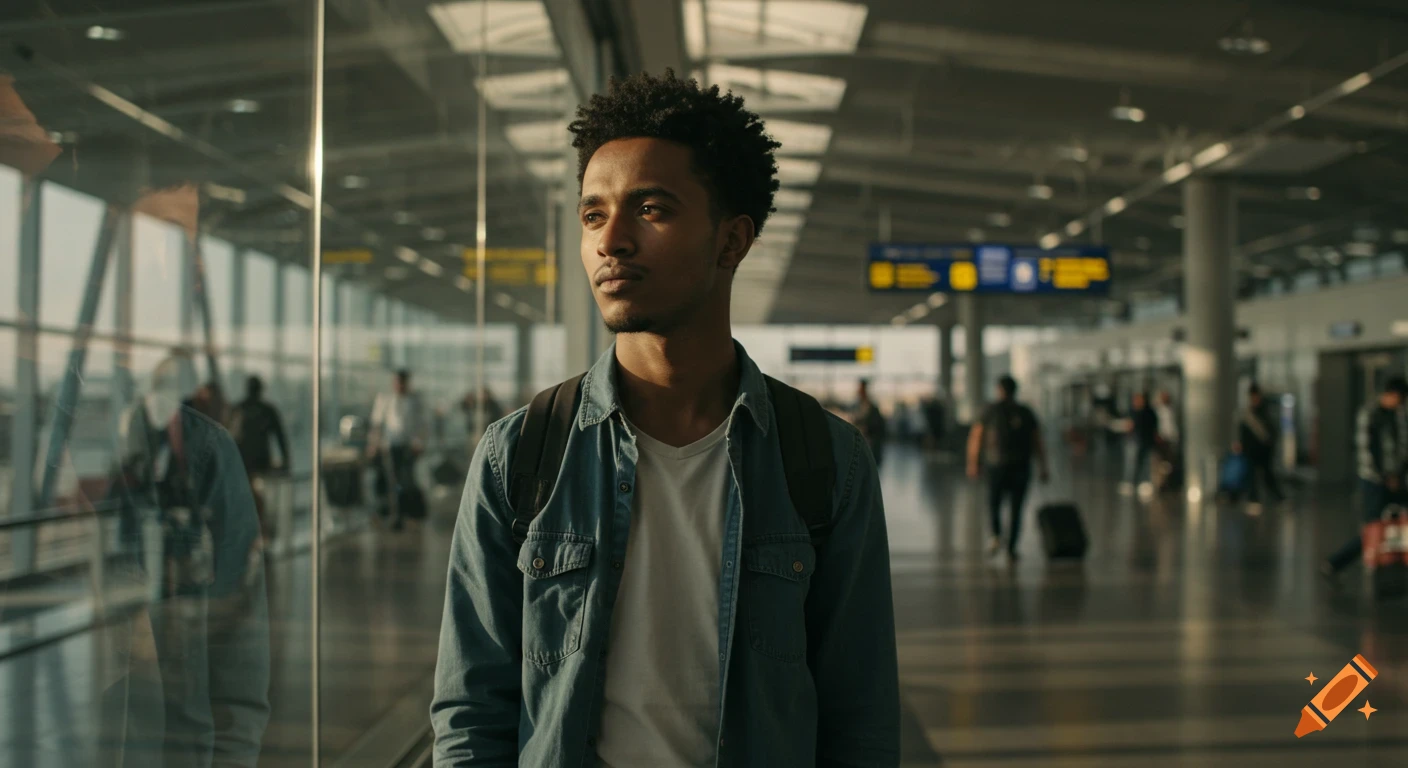 A young Ethiopian man with curly hair, wearing a denim shirt and backpack, stands thoughtfully in a sunlit airport terminal.