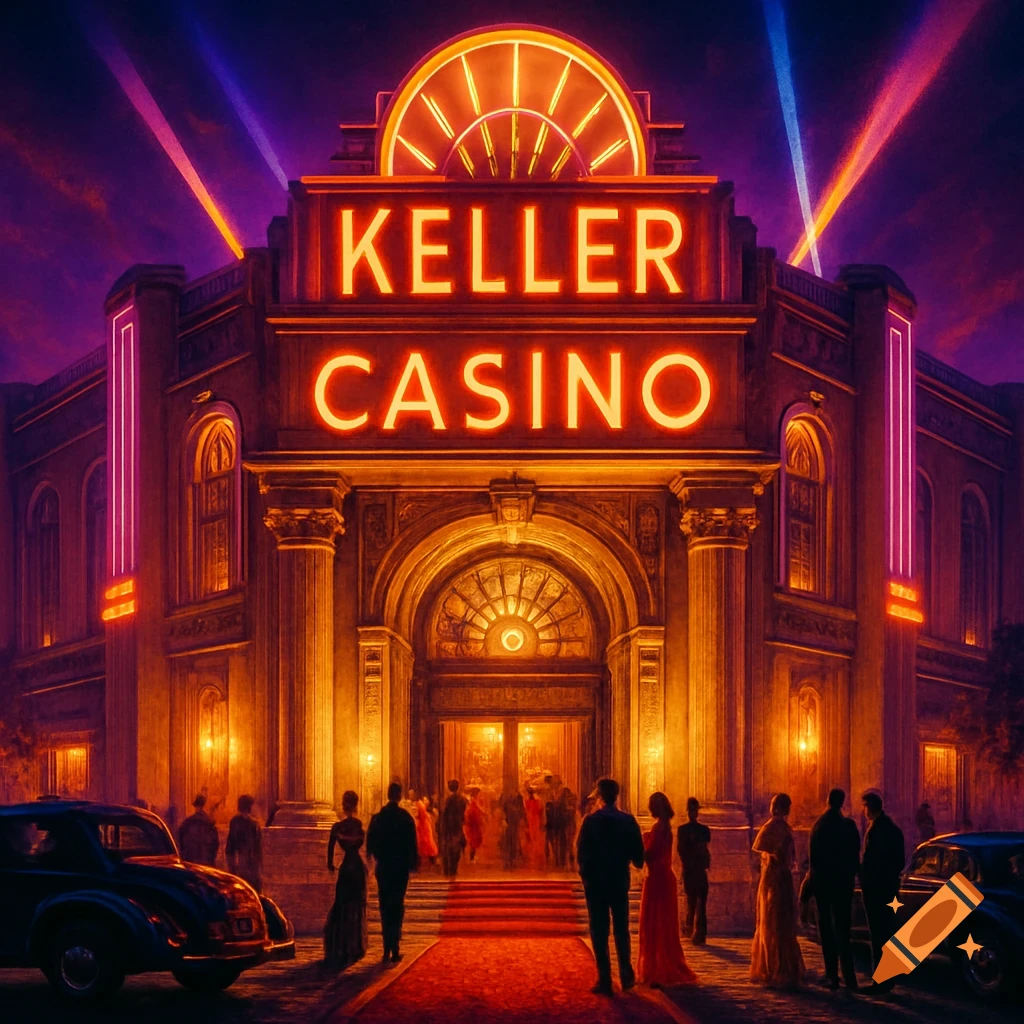 A grand casino building with neon signs 'KELLER CASINO' at night, a red carpet, people, and classic cars under colorful searchlights.