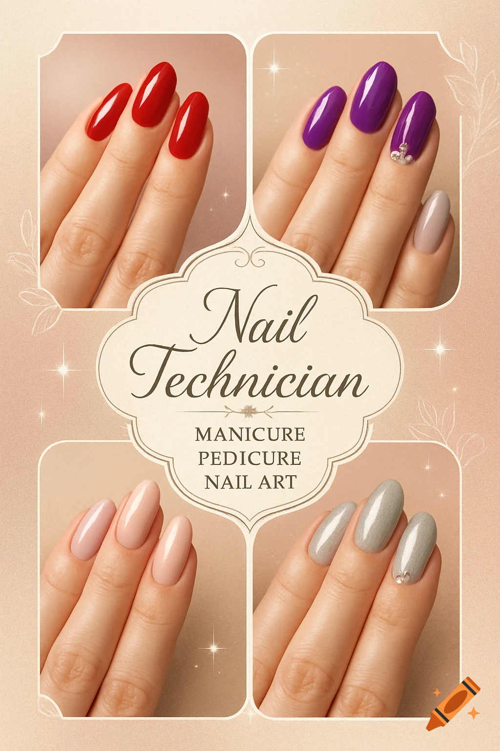 Flyer design for a nail technician featuring four panels of hands with red, purple, nude, and gray manicured nails.