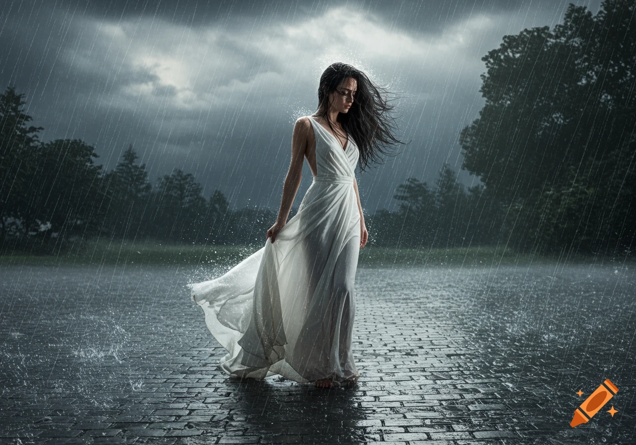 A woman in a flowing white dress stands barefoot on a wet cobblestone path in a heavy rain storm, looking down with windblown hair. Photorealistic.