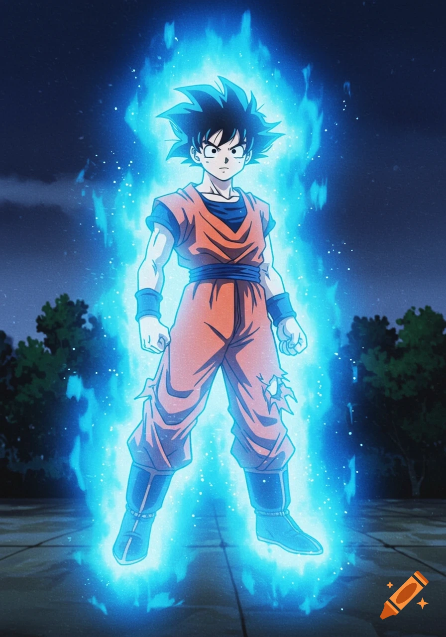 Anime character resembling Goku from Dragon Ball Z stands emanating a vibrant blue aura in a 90s animation style.