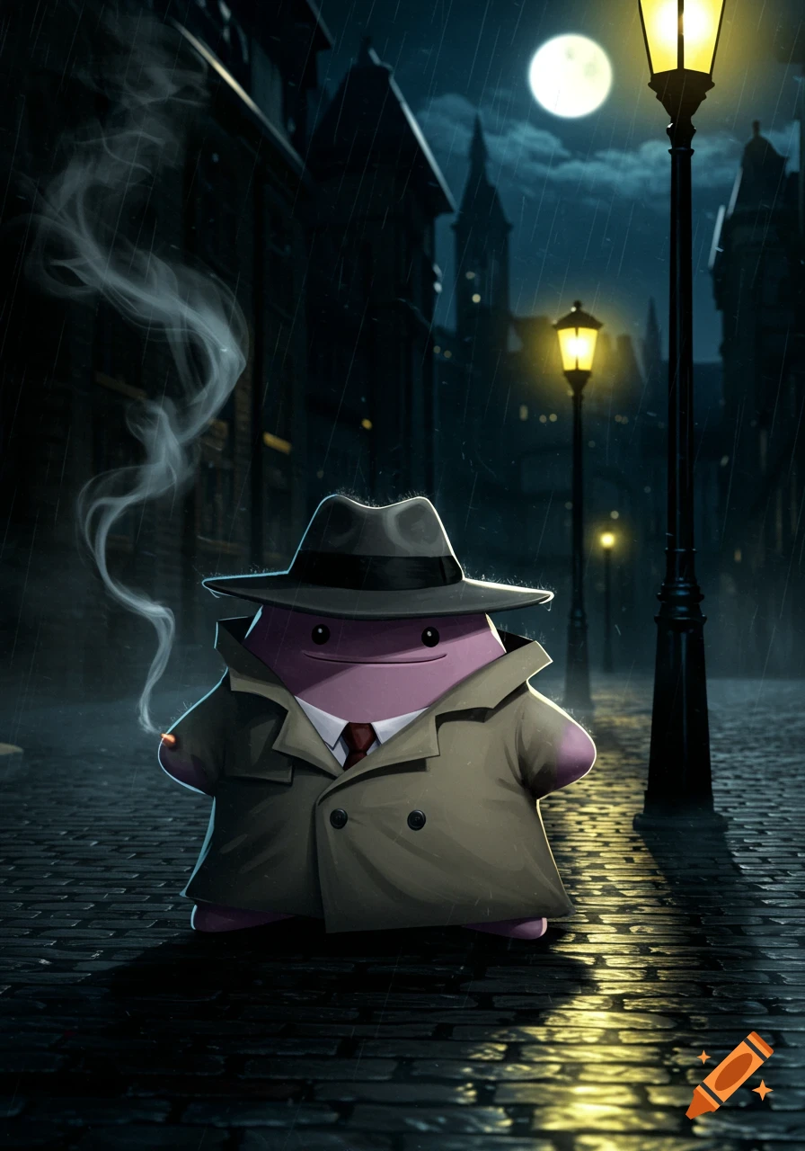 Ditto as a private investigator in a trench coat and fedora, smoking a cigarette on a rainy, moonlit street at night.
