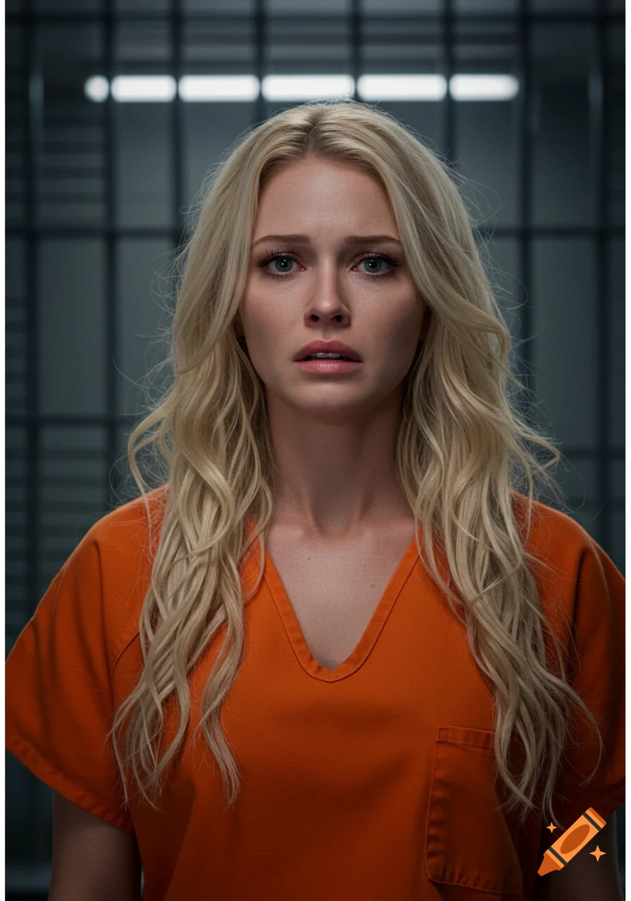 A blonde woman with a horrified expression wears an orange prison jumpsuit in a jail setting.
