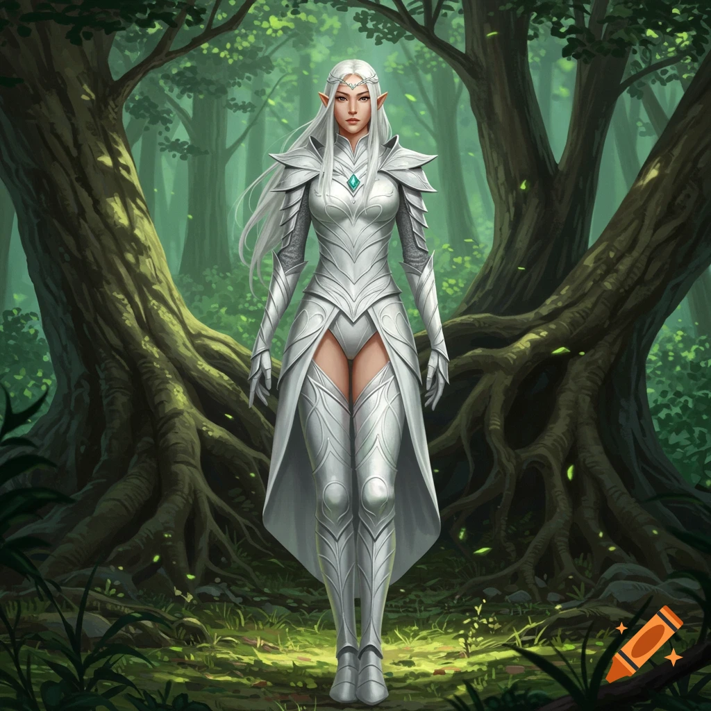 A white-haired elf warrior in intricate white armor stands in a lush green forest, digital art.