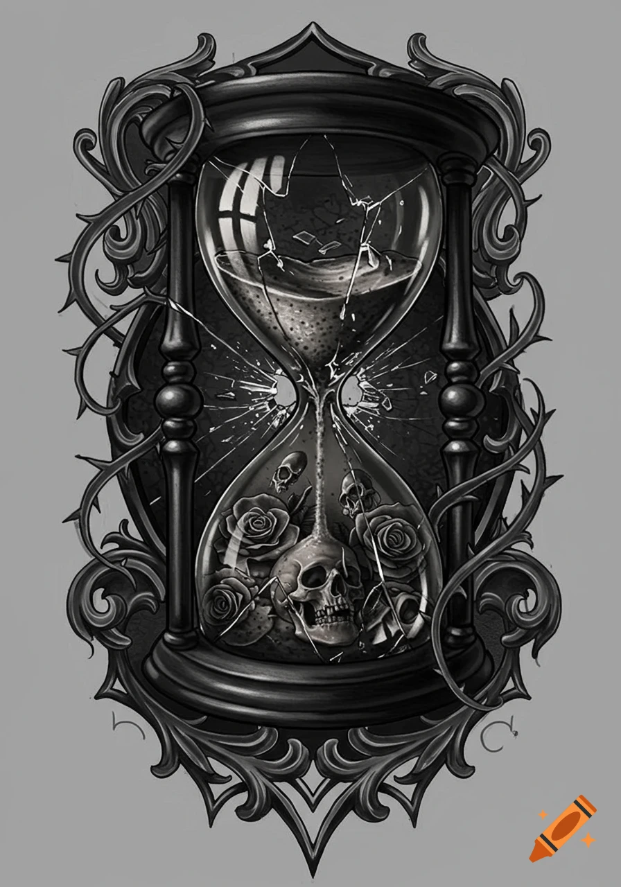 Gothic tattoo design of a broken hourglass with sand, skulls, and roses inside, surrounded by an ornate frame.
