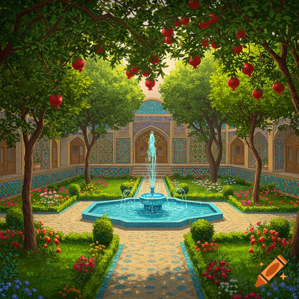 Ornate Persian garden with a central fountain, lush greenery, red pomegranate trees, and intricate traditional architecture.
