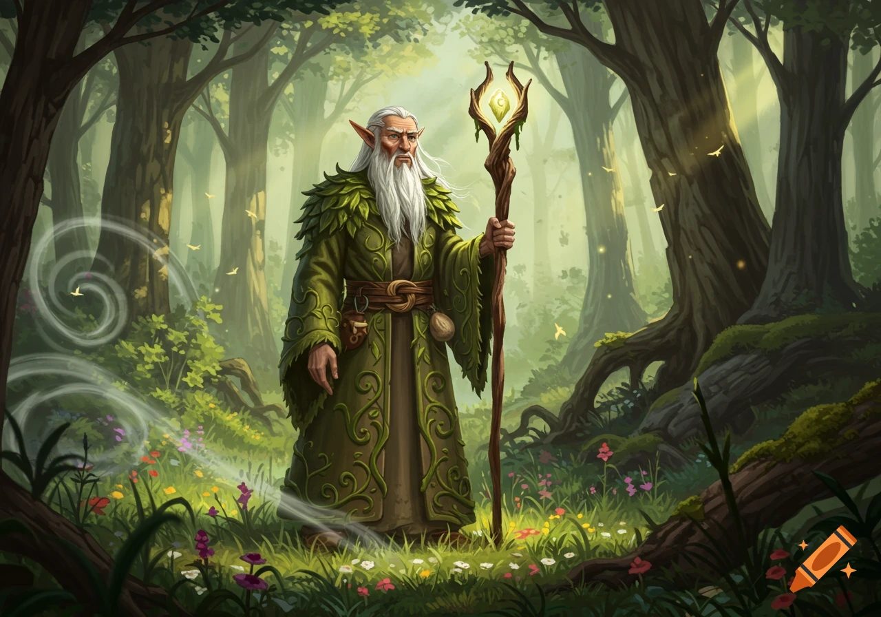 A fantasy illustration of an elderly wood elf druid with a long white beard, wearing a green robe, holding a glowing staff in a magical forest.